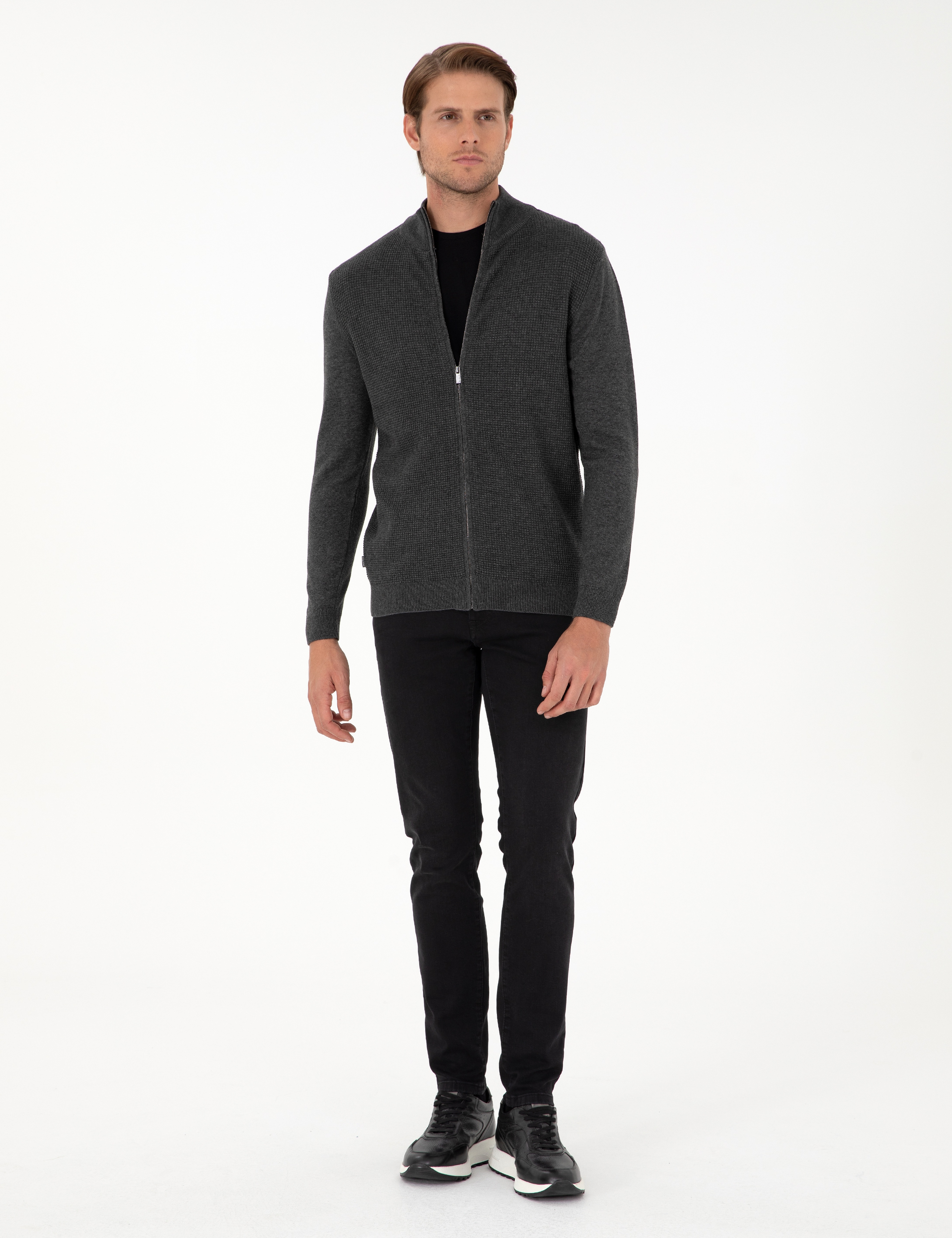 Gri Melanj Slim Fit Fermuarlı Triko Hırka - Image 4