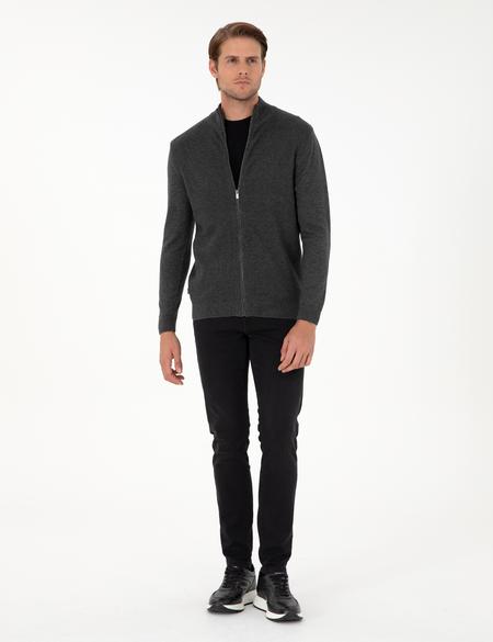 Gri Melanj Slim Fit Fermuarlı Triko Hırka - 50300497023