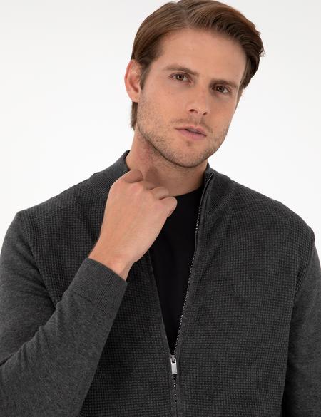 Gri Melanj Slim Fit Fermuarlı Triko Hırka - 50300497023