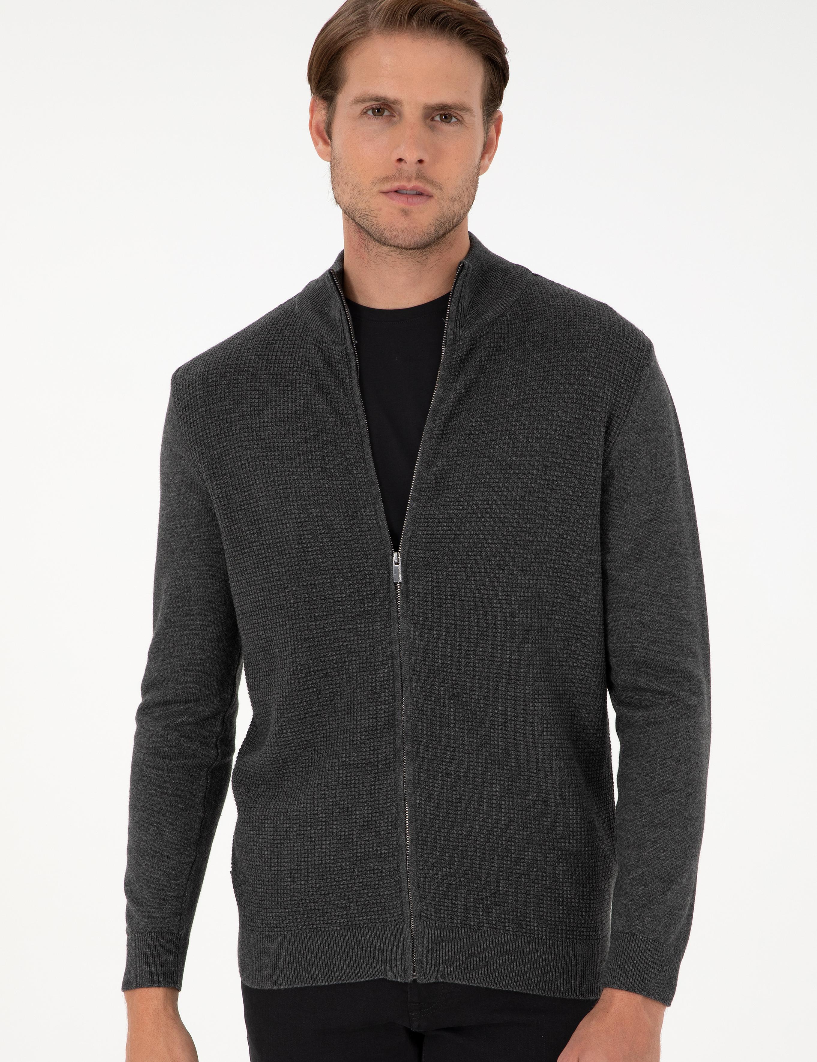 Gri Melanj Slim Fit Fermuarlı Triko Hırka