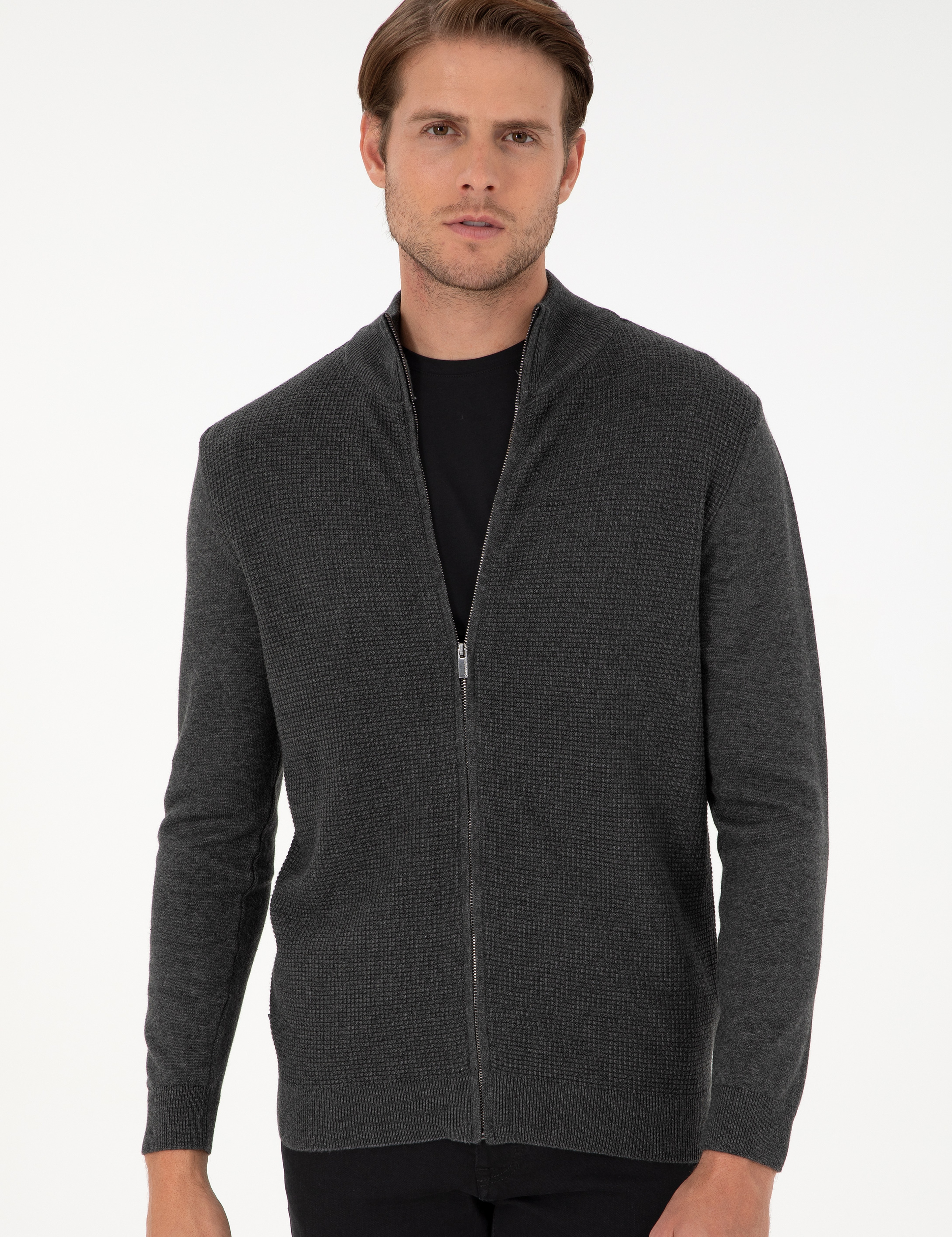 Gri Melanj Slim Fit Fermuarlı Triko Hırka - Image 3