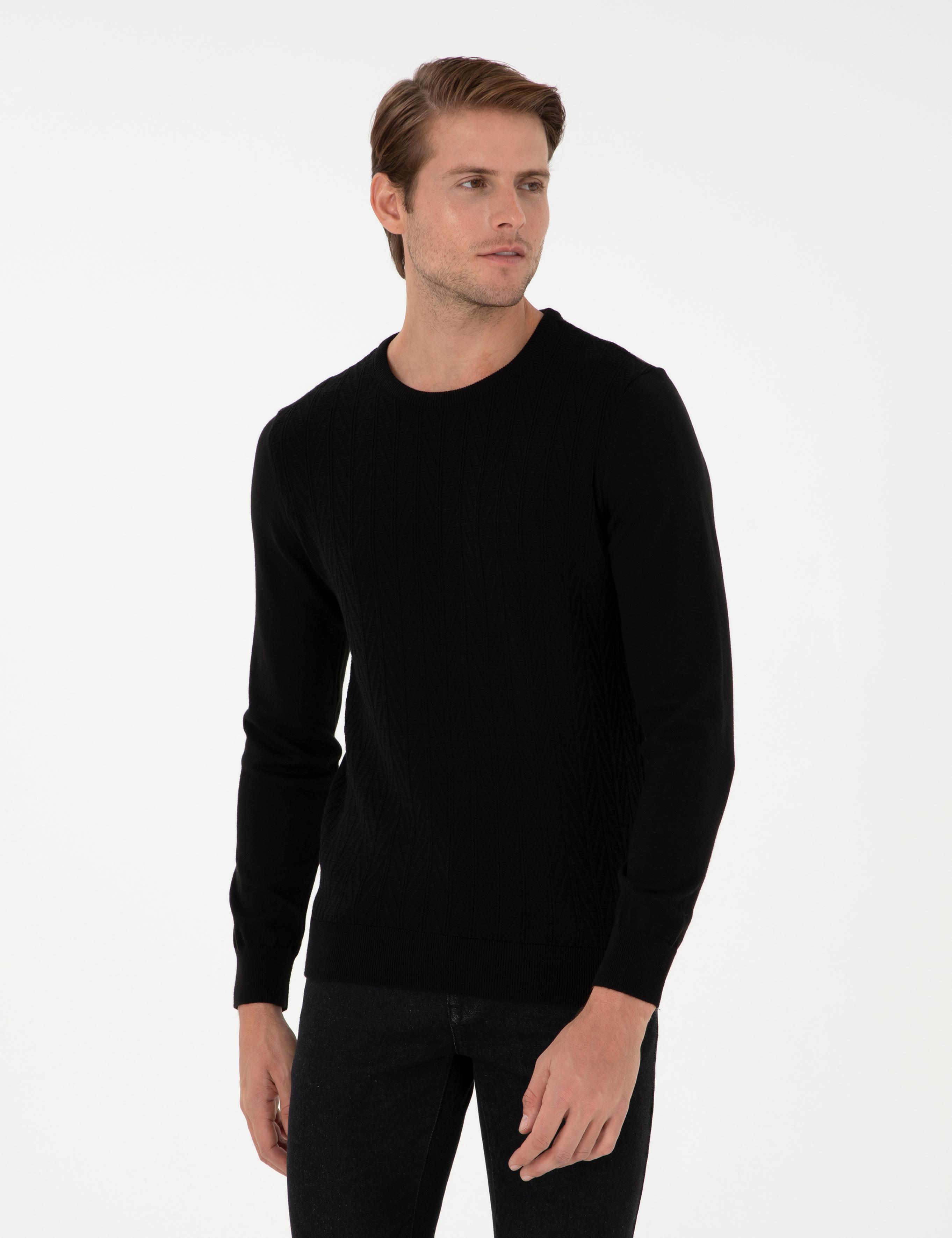 Siyah Slim Fit Bisiklet Yaka Triko Kazak