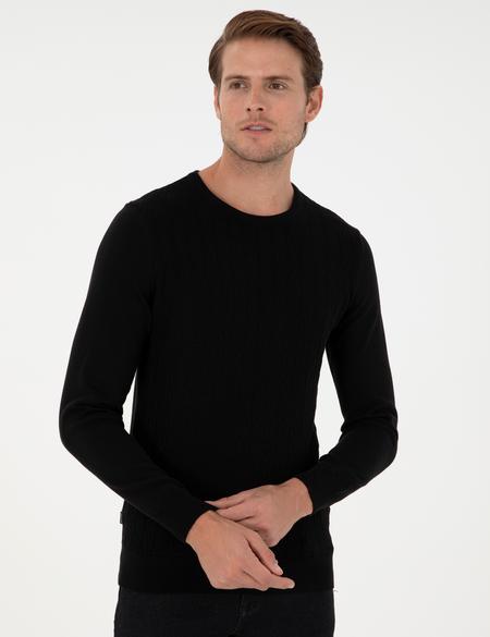 Siyah Slim Fit Bisiklet Yaka Triko Kazak - 50300499008