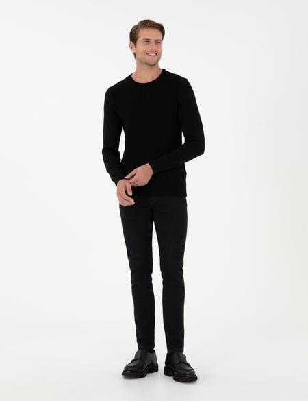 Siyah Slim Fit Bisiklet Yaka Triko Kazak - 50300499008