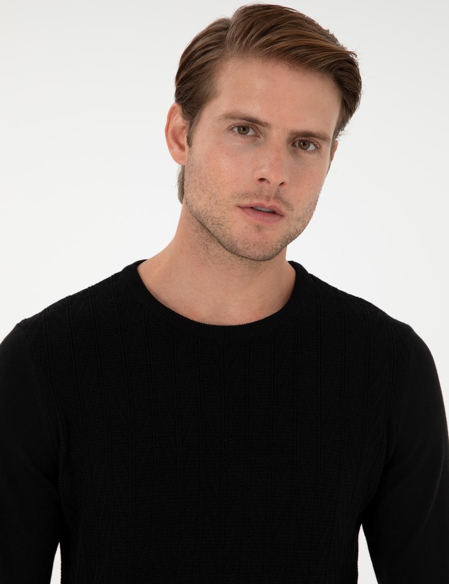 Siyah Slim Fit Bisiklet Yaka Triko Kazak