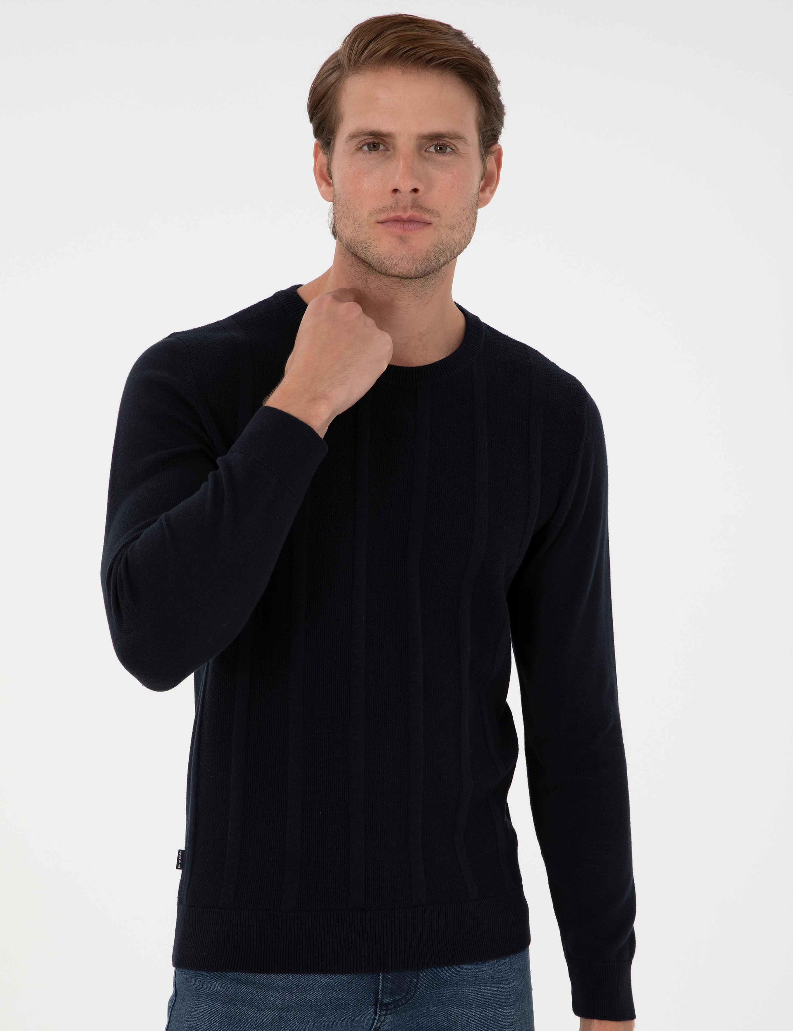 Lacivert Slim Fit Bisiklet Yaka Triko Kazak