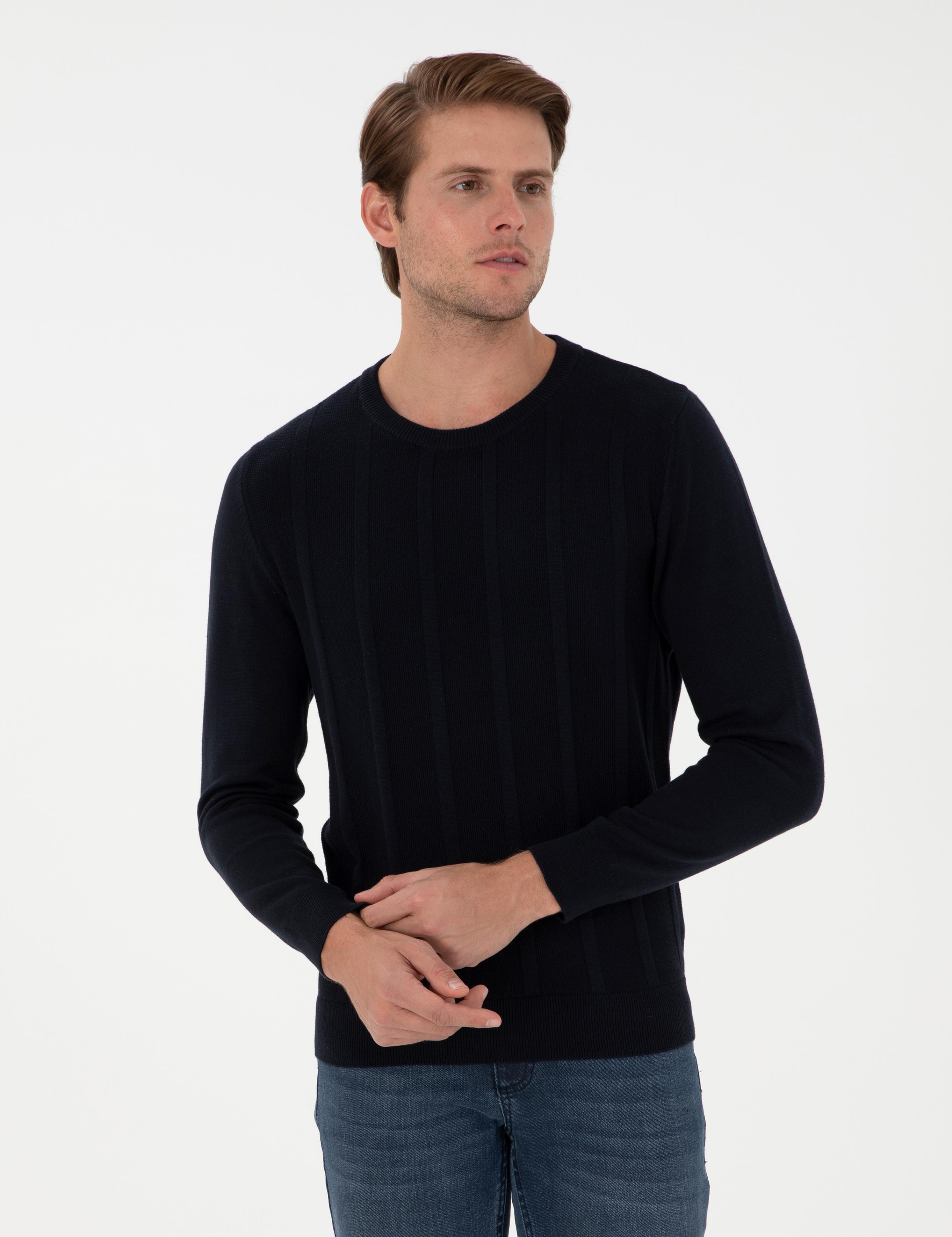 Lacivert Slim Fit Bisiklet Yaka Triko Kazak