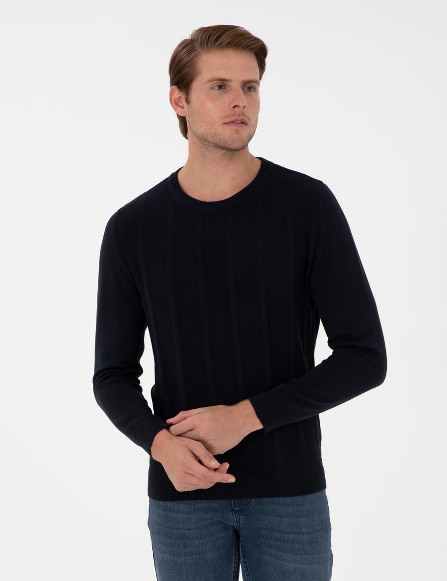 Lacivert Slim Fit Bisiklet Yaka Triko Kazak