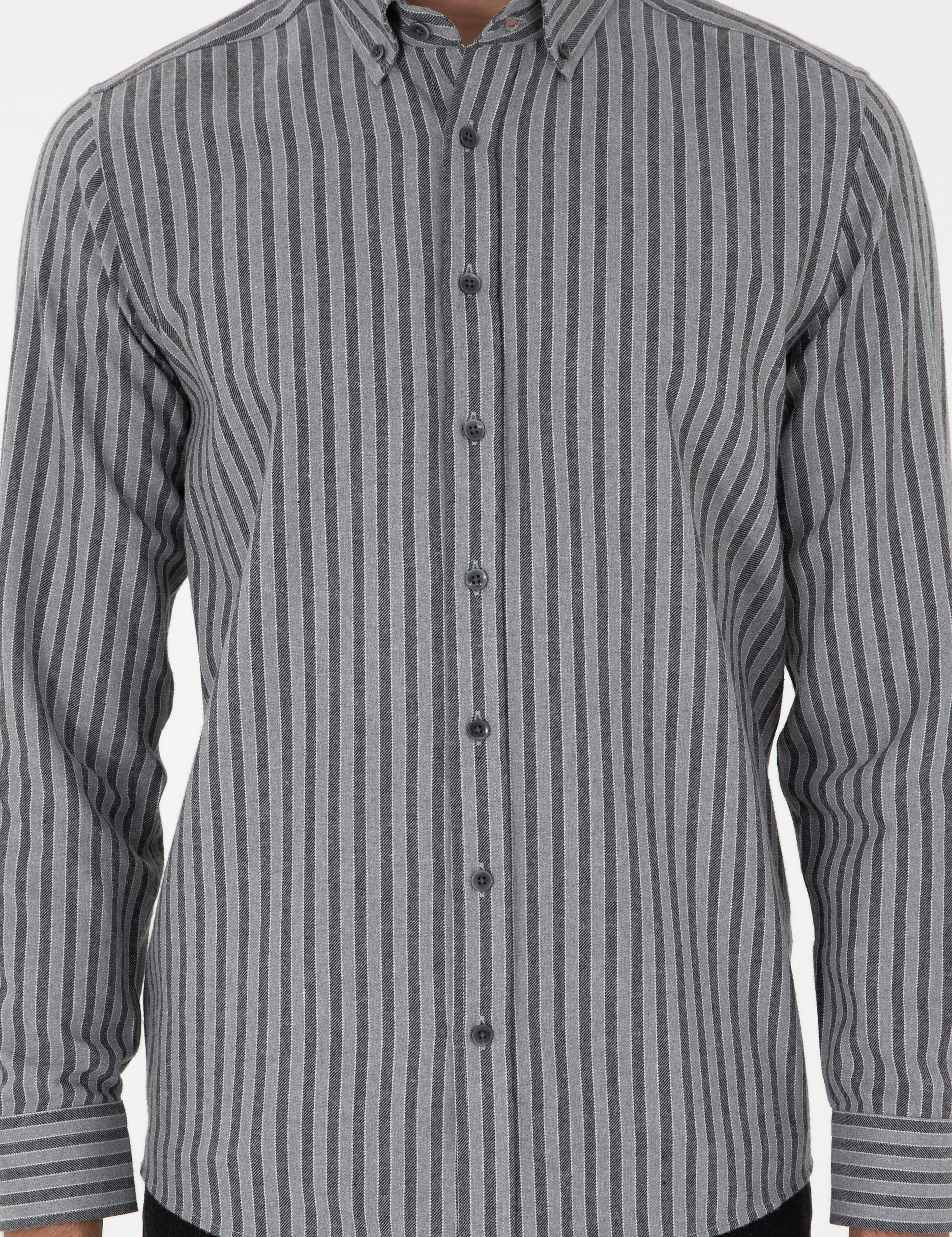 Gri Çizgili Regular Fit Gömlek - Image 6