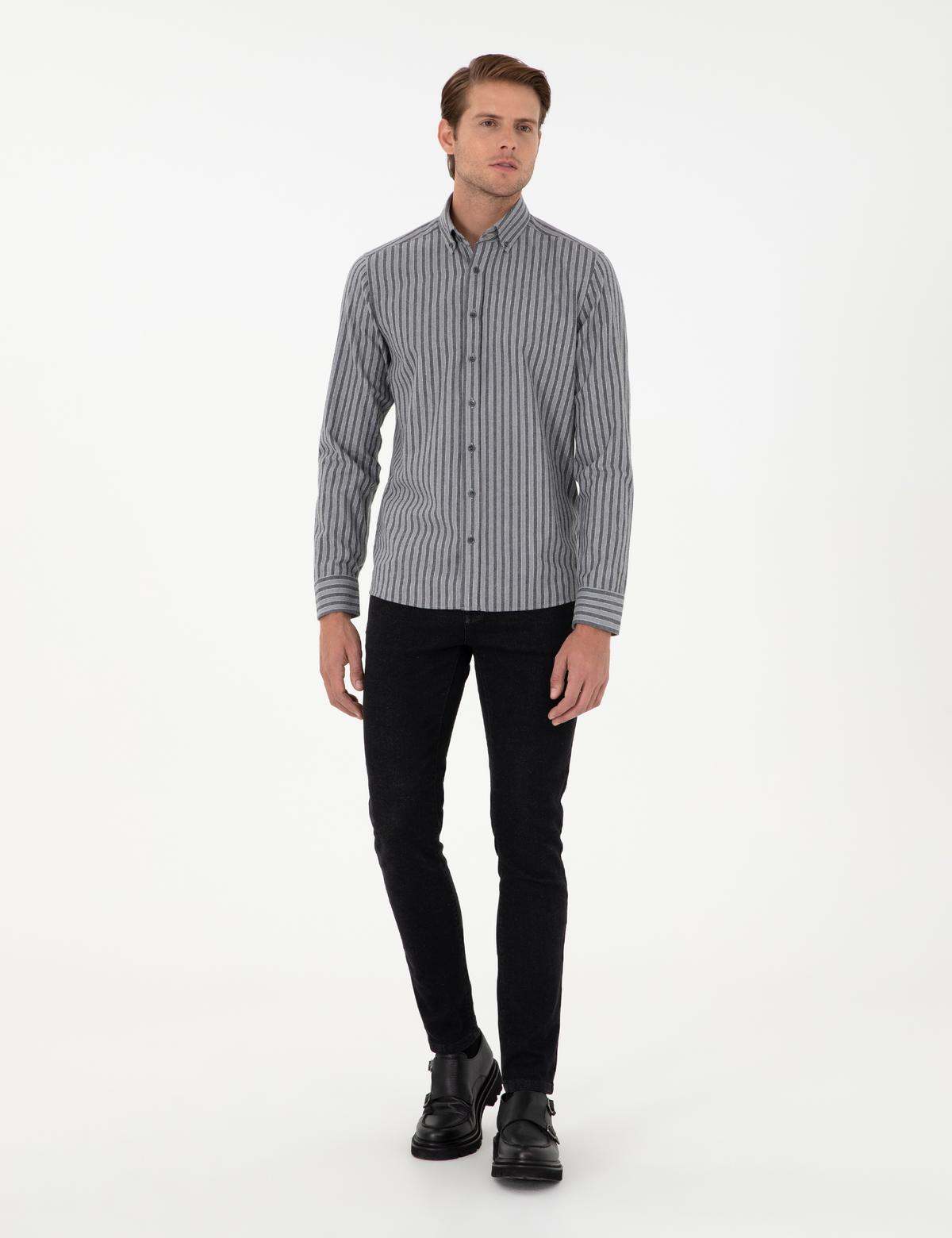 Gri Çizgili Regular Fit Gömlek - 50298598006