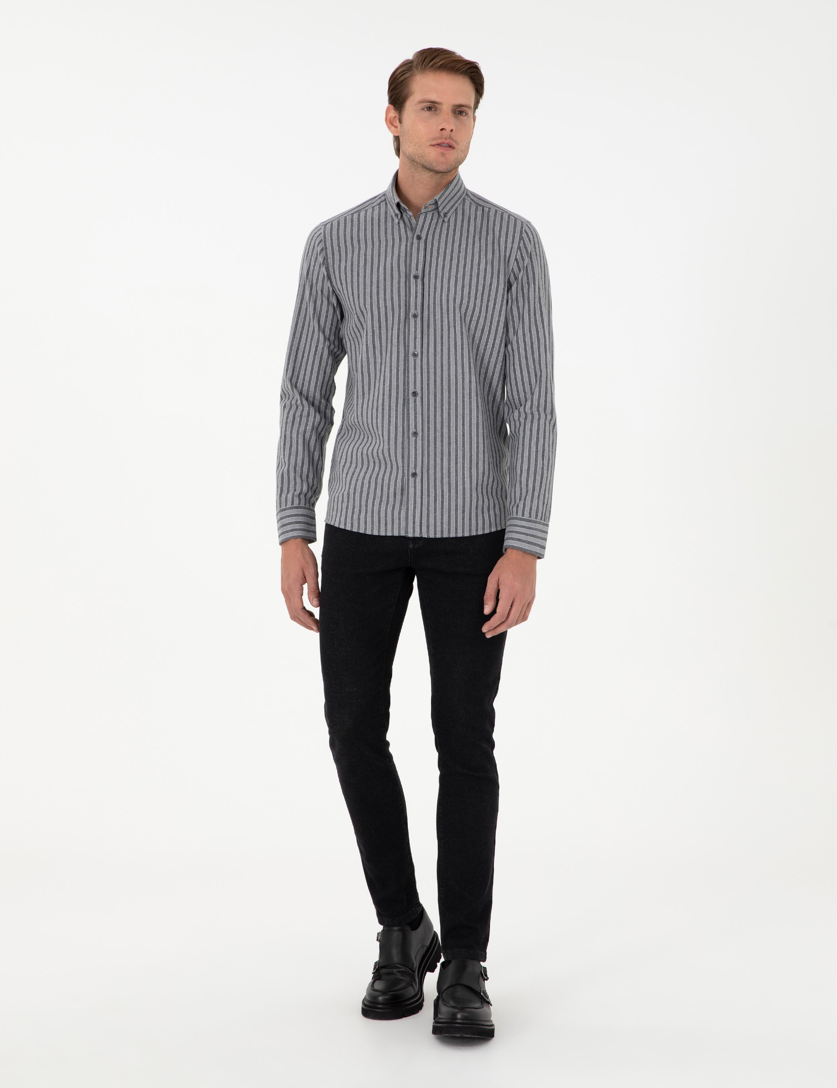 Gri Çizgili Regular Fit Gömlek