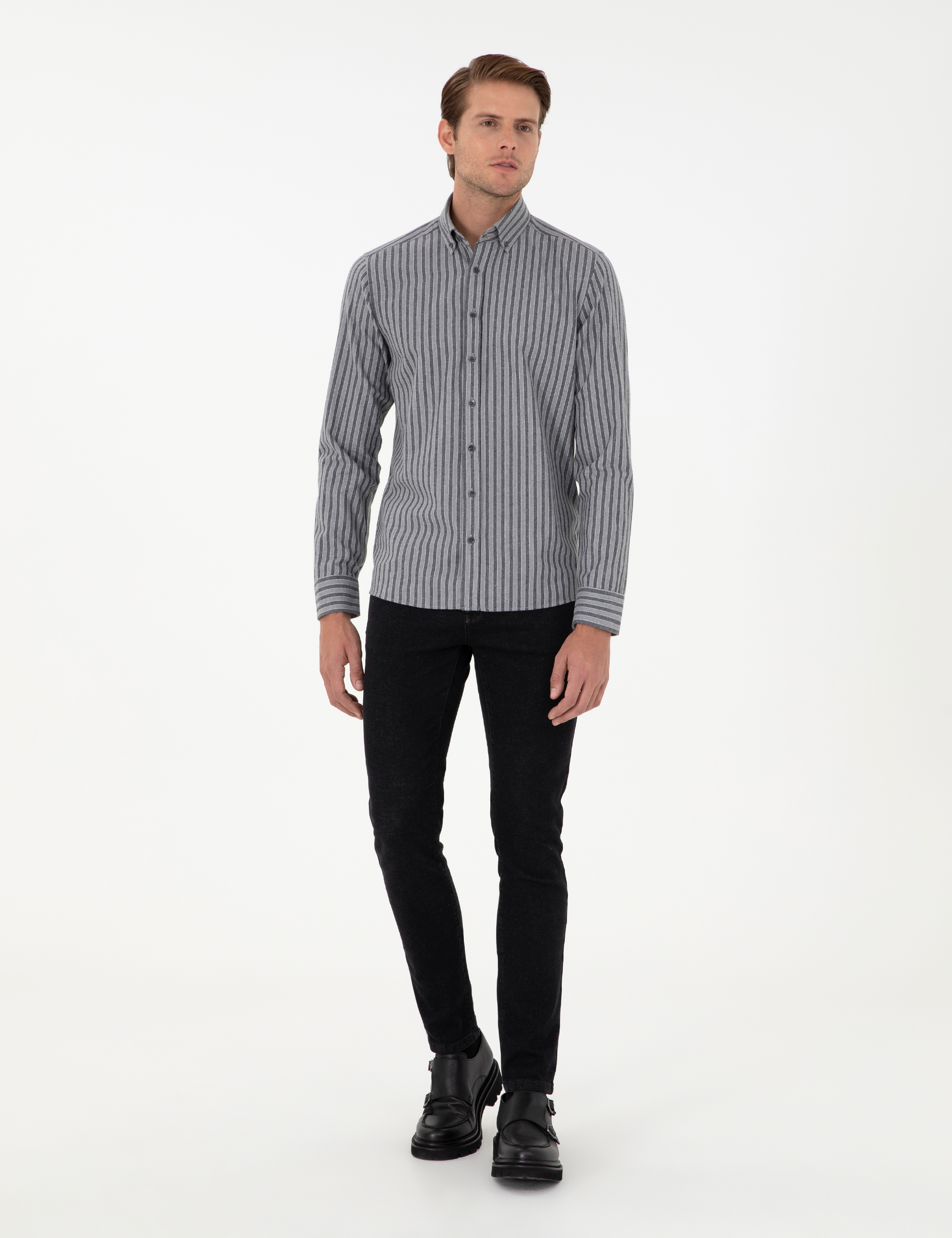 Gri Çizgili Regular Fit Gömlek - Image 4