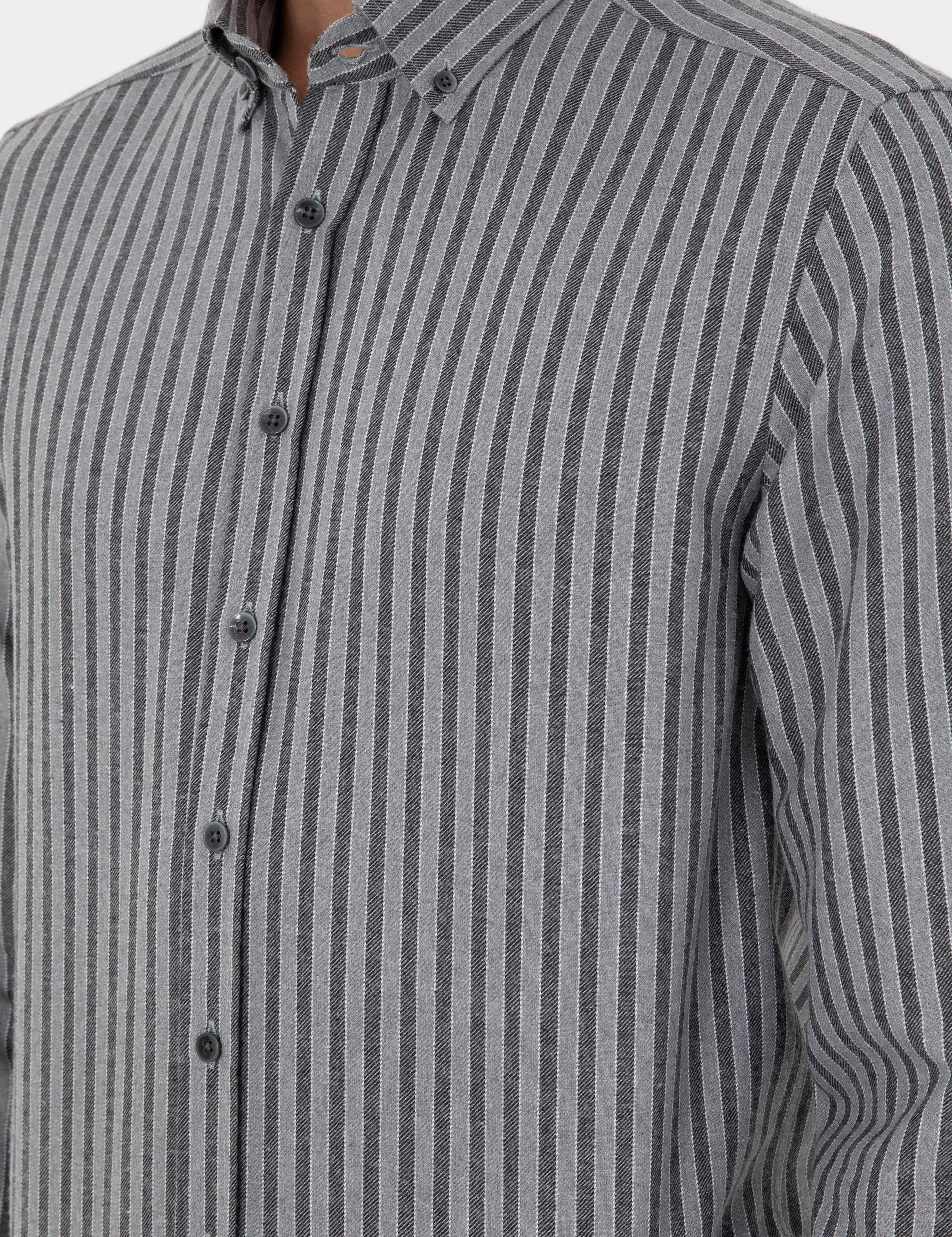 Gri Çizgili Regular Fit Gömlek - Image 7