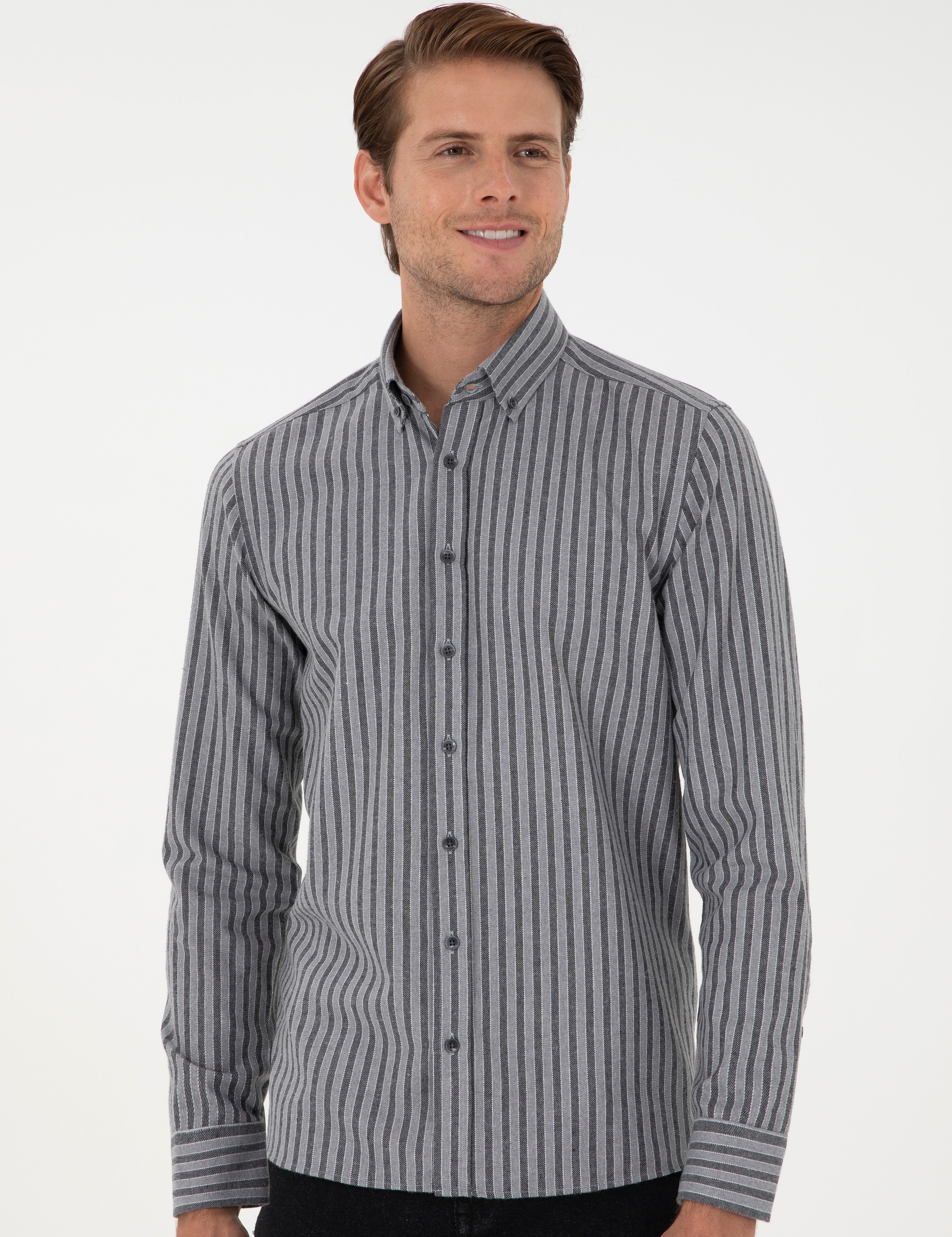 Gri Çizgili Regular Fit Gömlek - Image 3