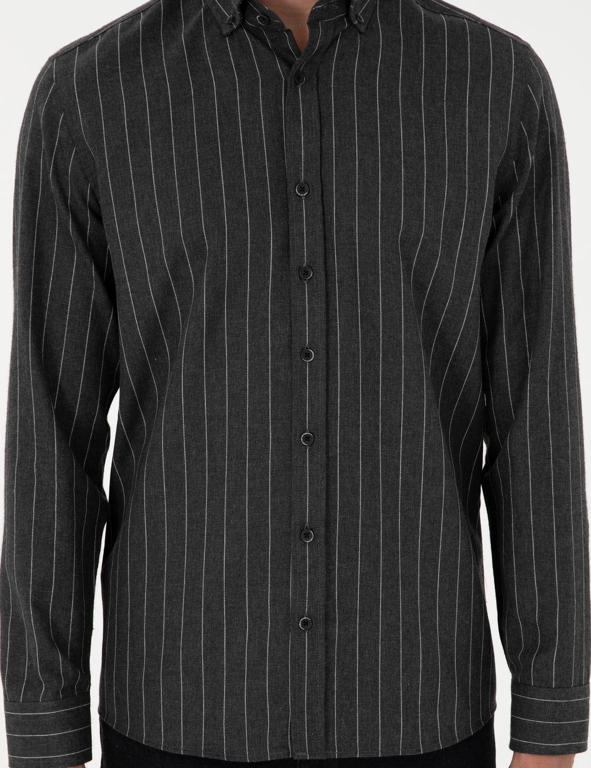 Antrasit Regular Fit Çizgili Uzun Kollu Gömlek - 50298882005