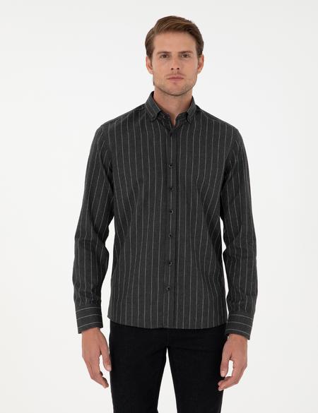 Antrasit Regular Fit Çizgili Uzun Kollu Gömlek - 50298882005