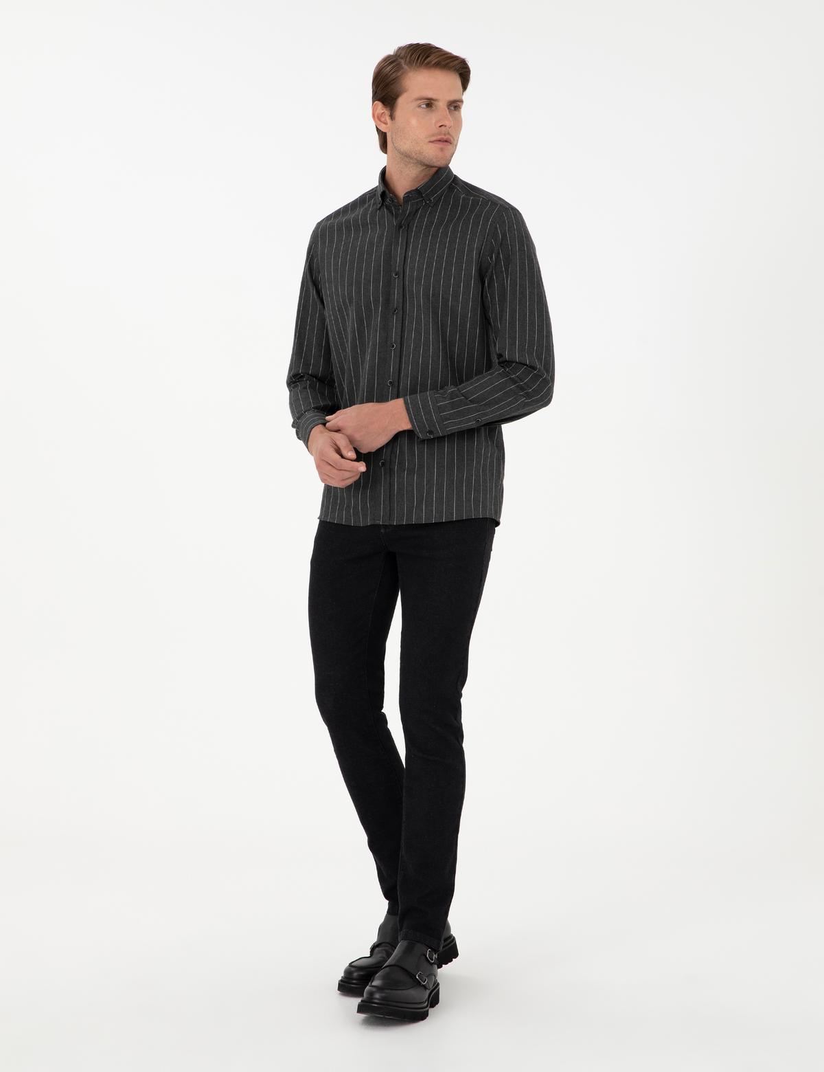 Antrasit Regular Fit Çizgili Uzun Kollu Gömlek - 50298882005