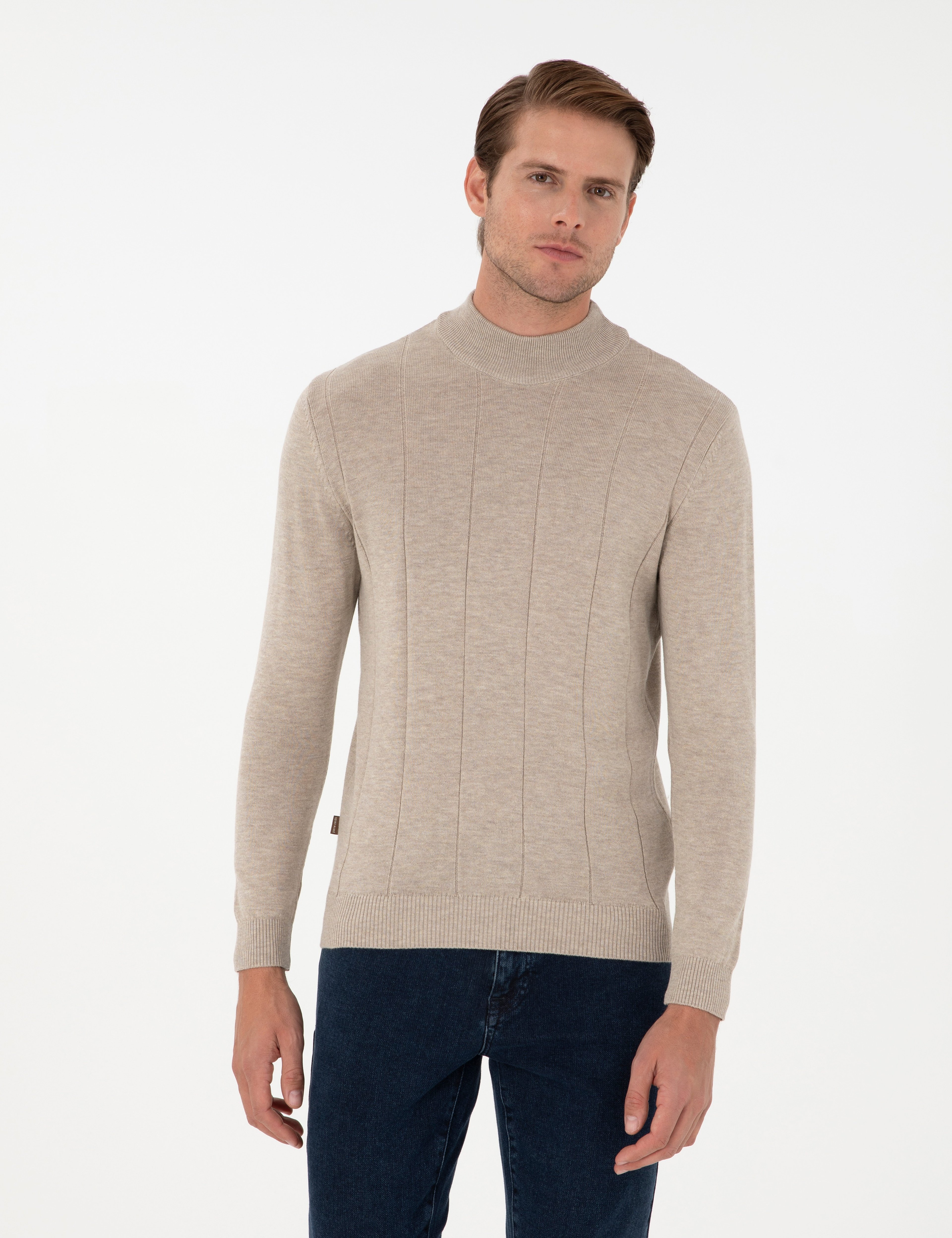 Kum Melanj Slim Fit Yarım Balıkçı Yaka Triko Kazak