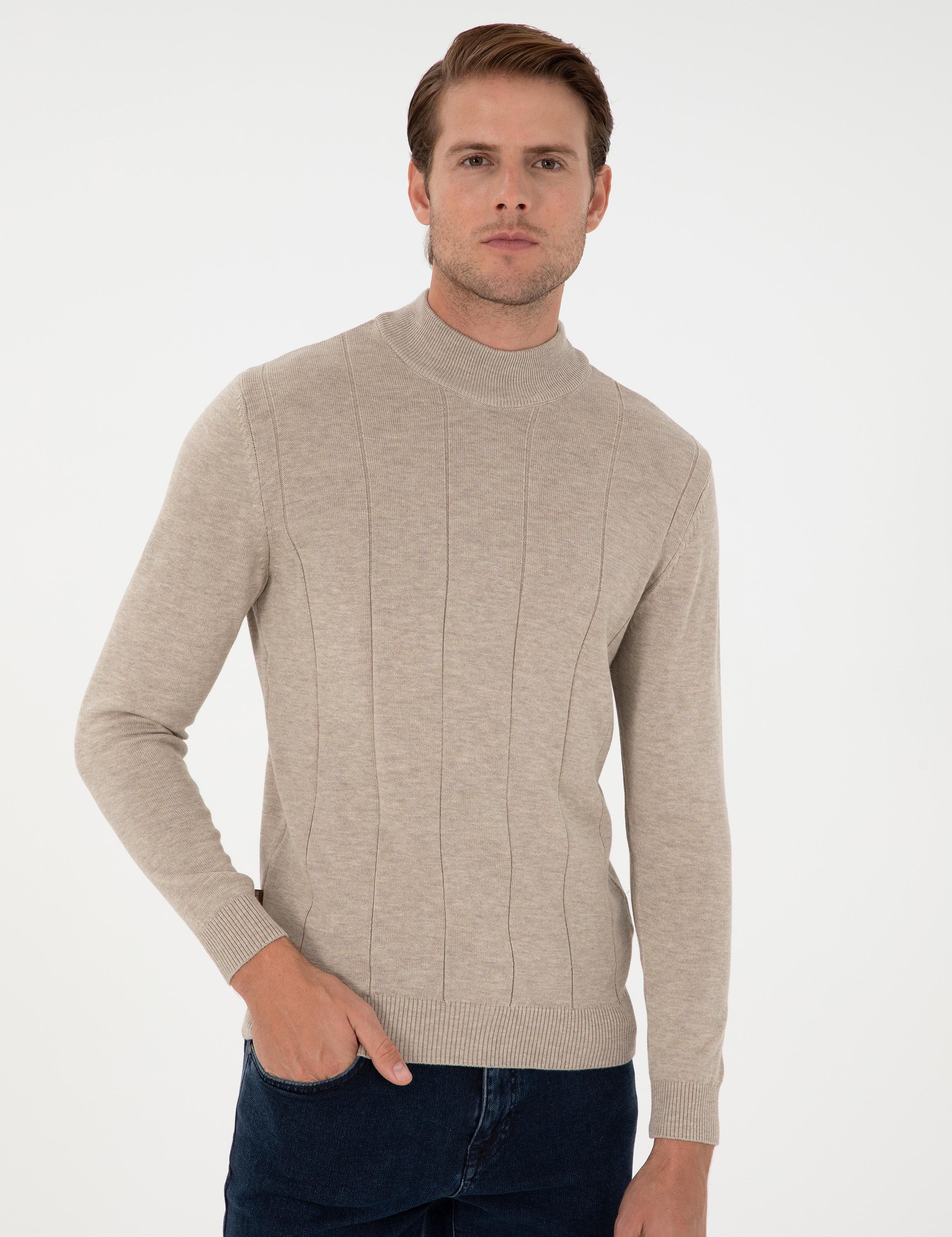 Kum Melanj Slim Fit Yarım Balıkçı Yaka Triko Kazak