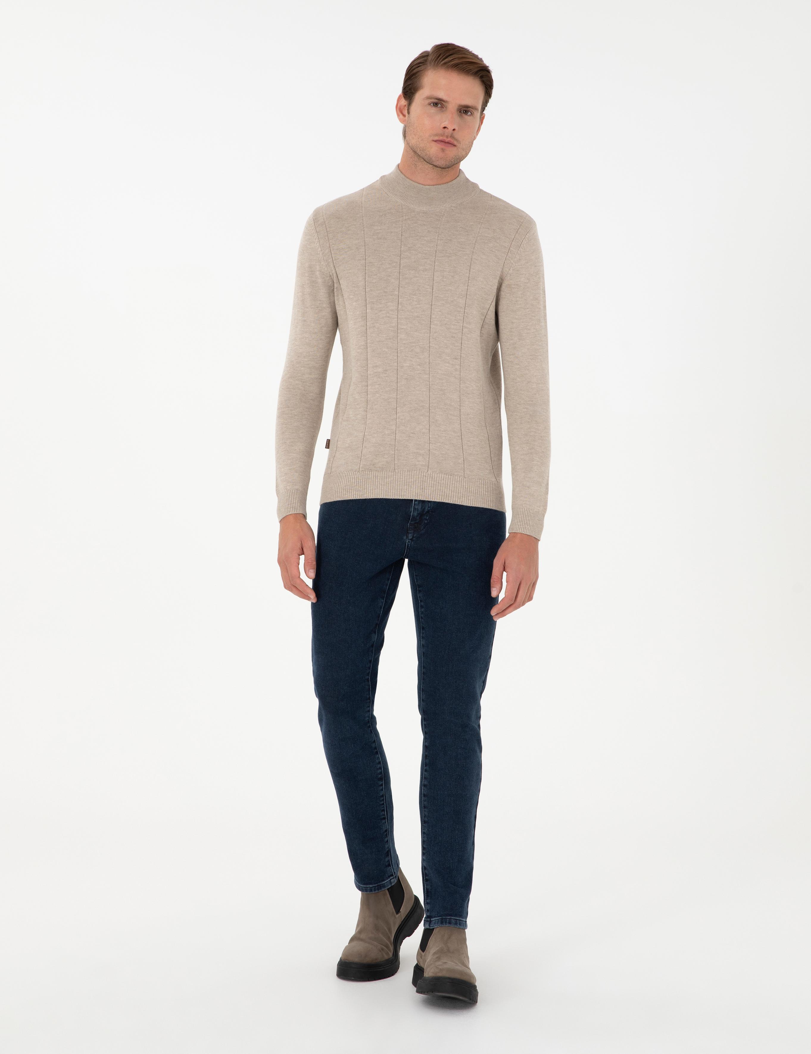 Kum Melanj Slim Fit Yarım Balıkçı Yaka Triko Kazak