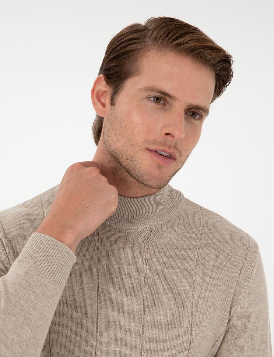 Kum Melanj Slim Fit Yarım Balıkçı Yaka Triko Kazak