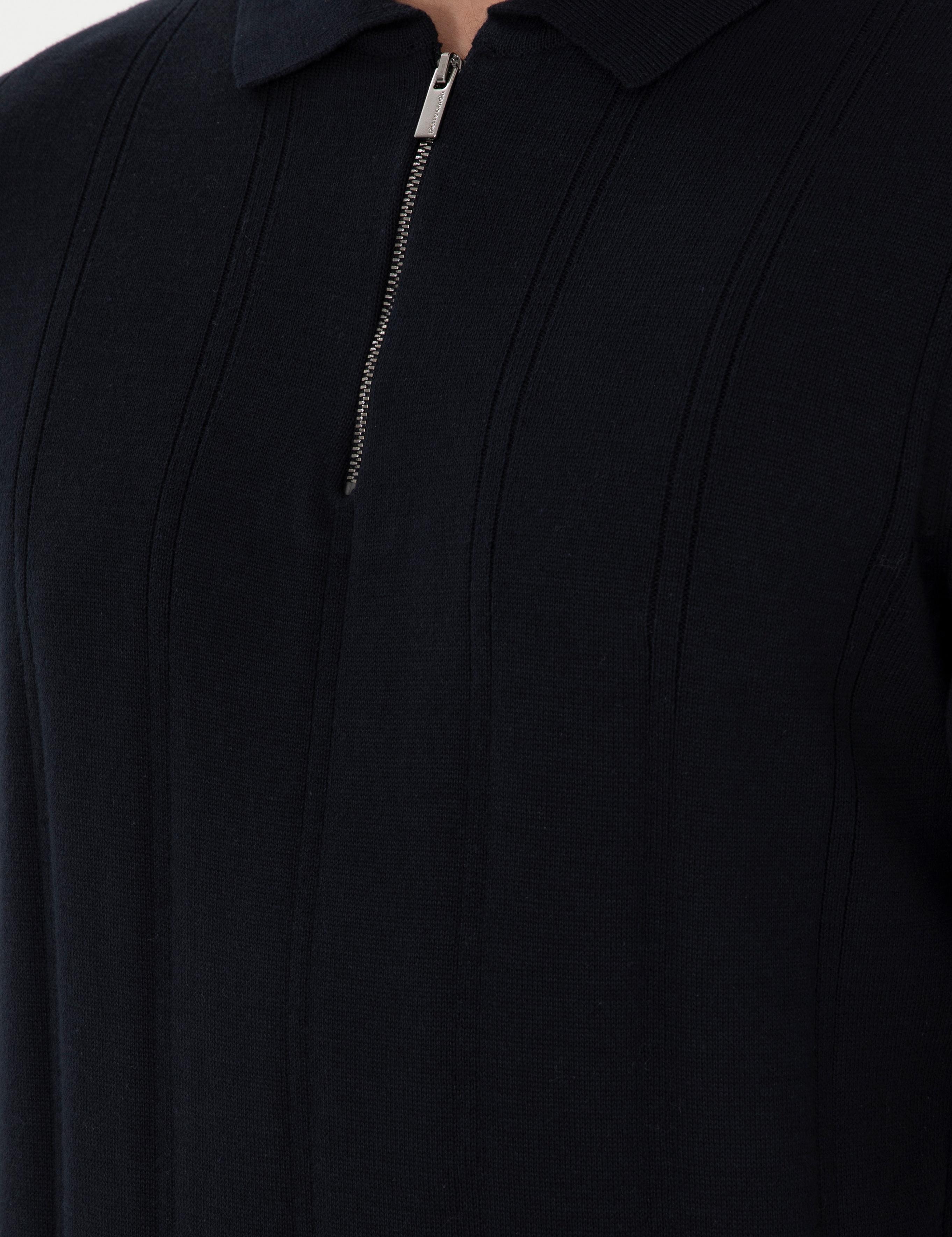 Lacivert Slim Fit Fermuarlı Polo Yaka Triko Kazak