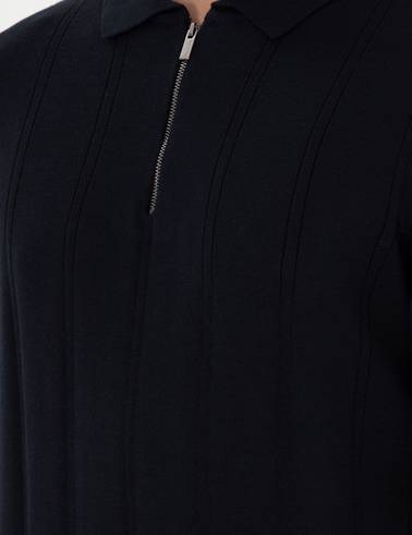 Lacivert Slim Fit Fermuarlı Polo Yaka Triko Kazak
