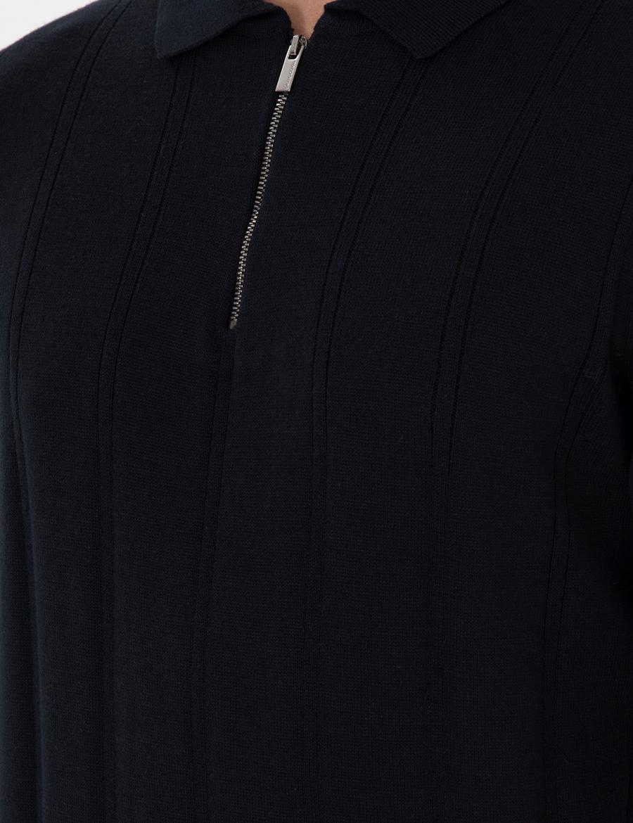 Lacivert Slim Fit Fermuarlı Polo Yaka Triko Kazak