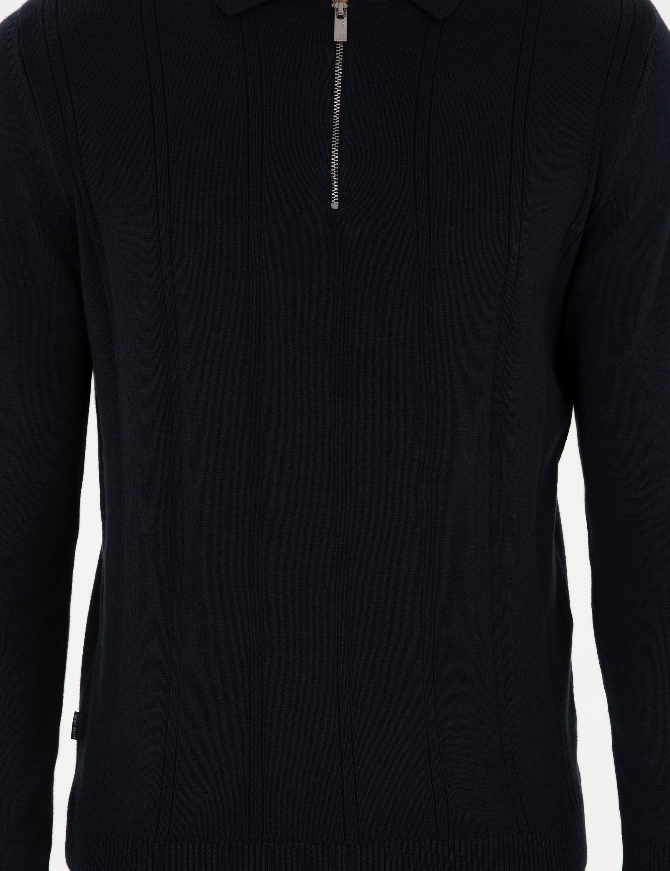 Lacivert Slim Fit Fermuarlı Polo Yaka Triko Kazak