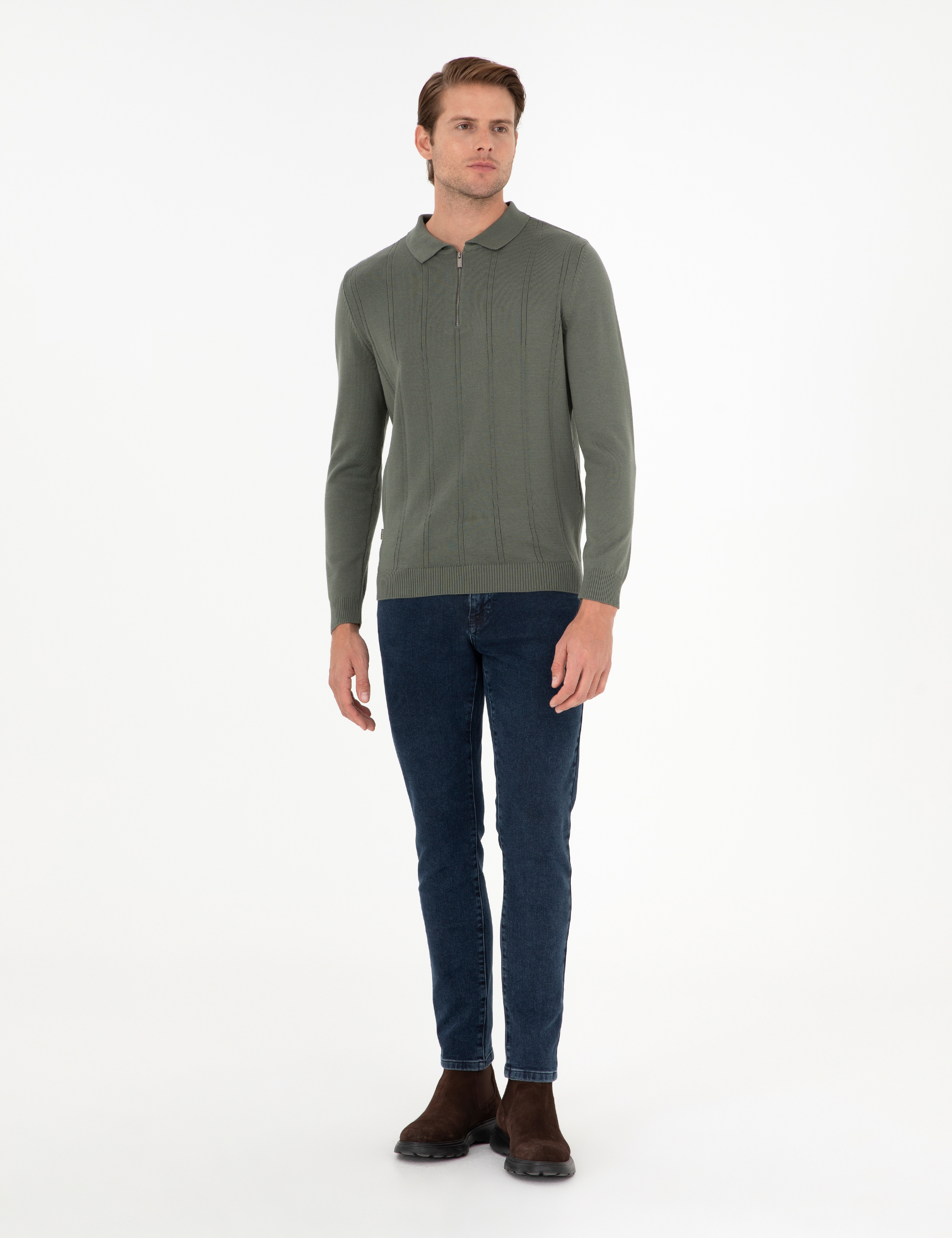 Duman Slim Fit Fermuarlı Polo Yaka Triko Kazak