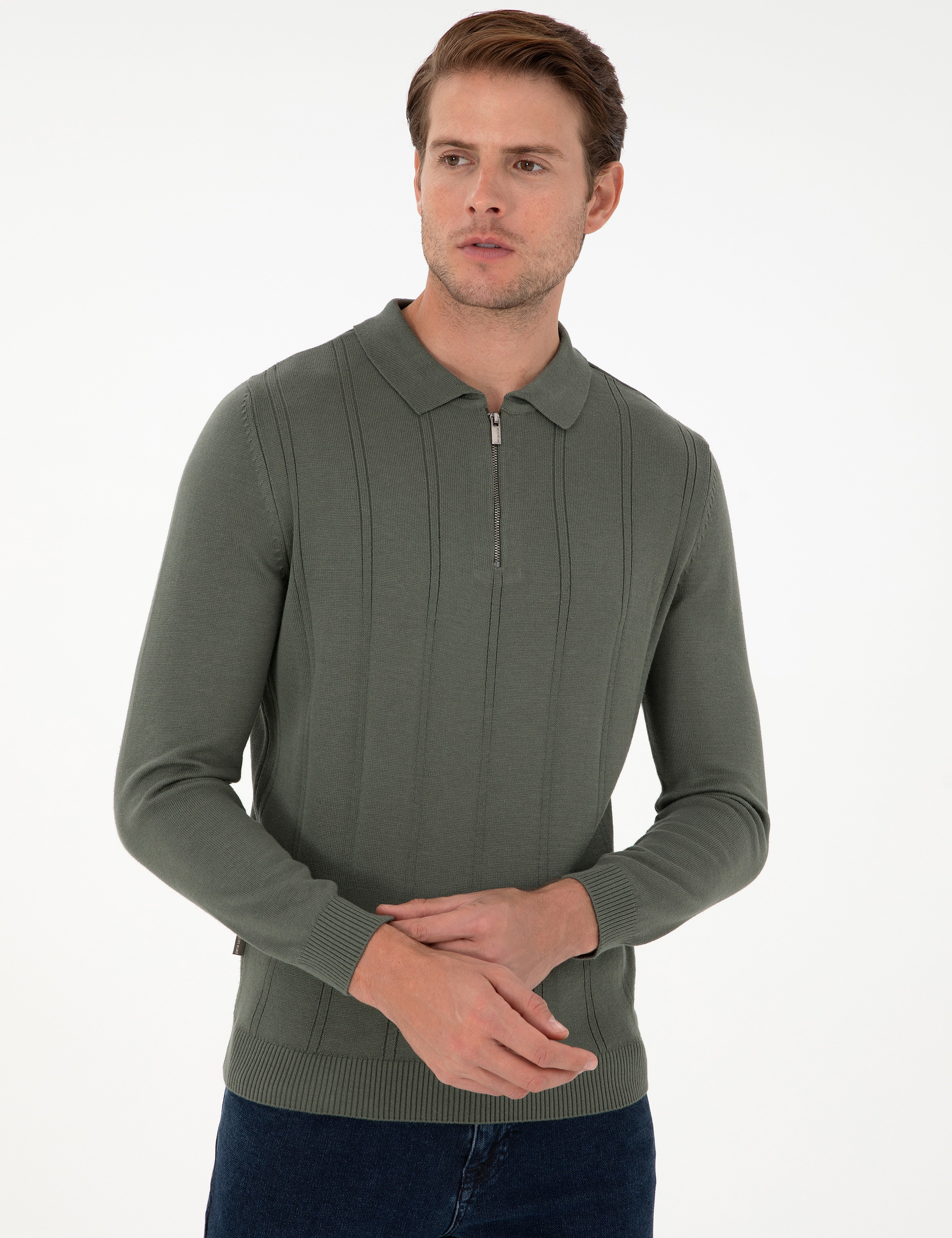 Duman Slim Fit Fermuarlı Polo Yaka Triko Kazak