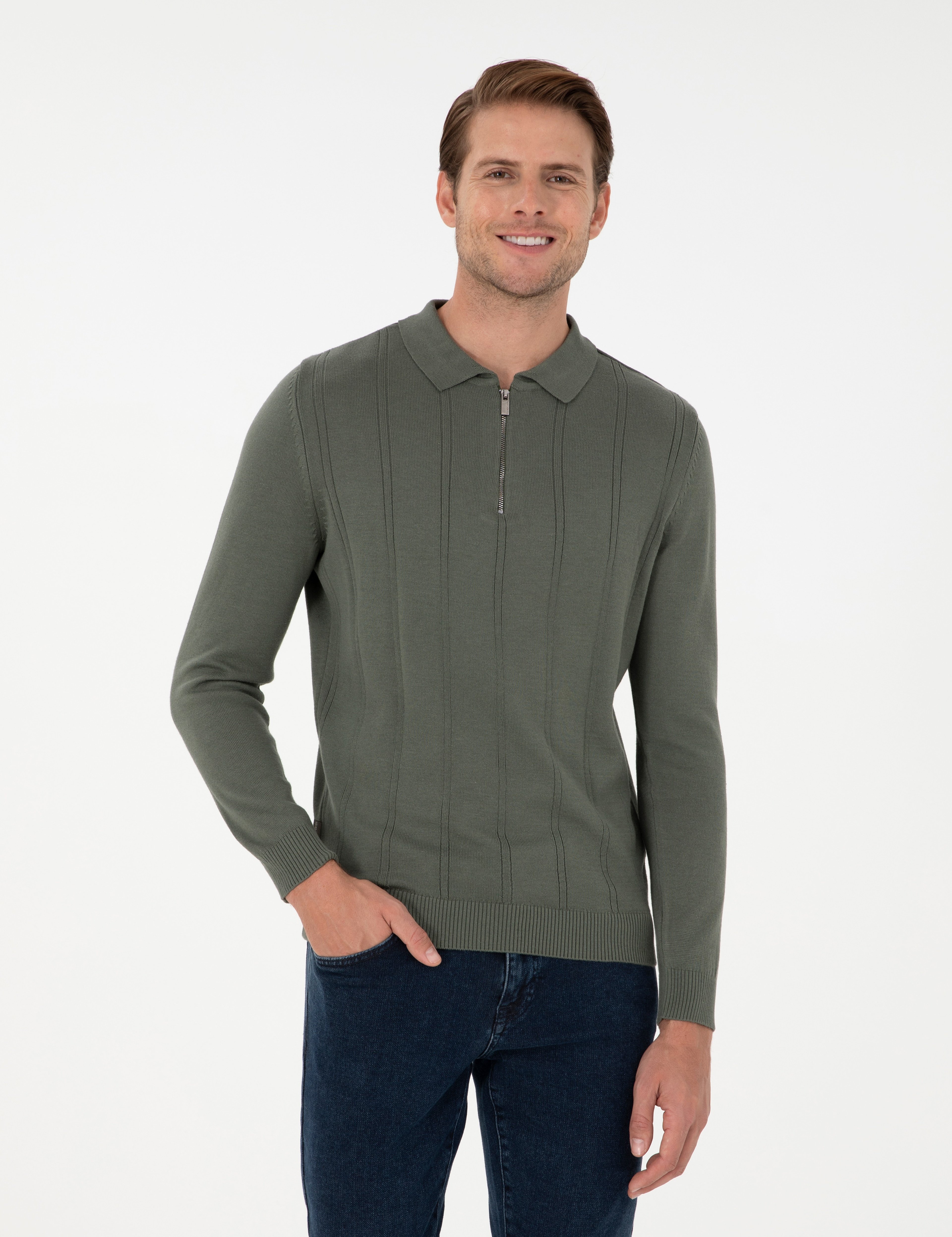 Duman Slim Fit Fermuarlı Polo Yaka Triko Kazak - Image 1