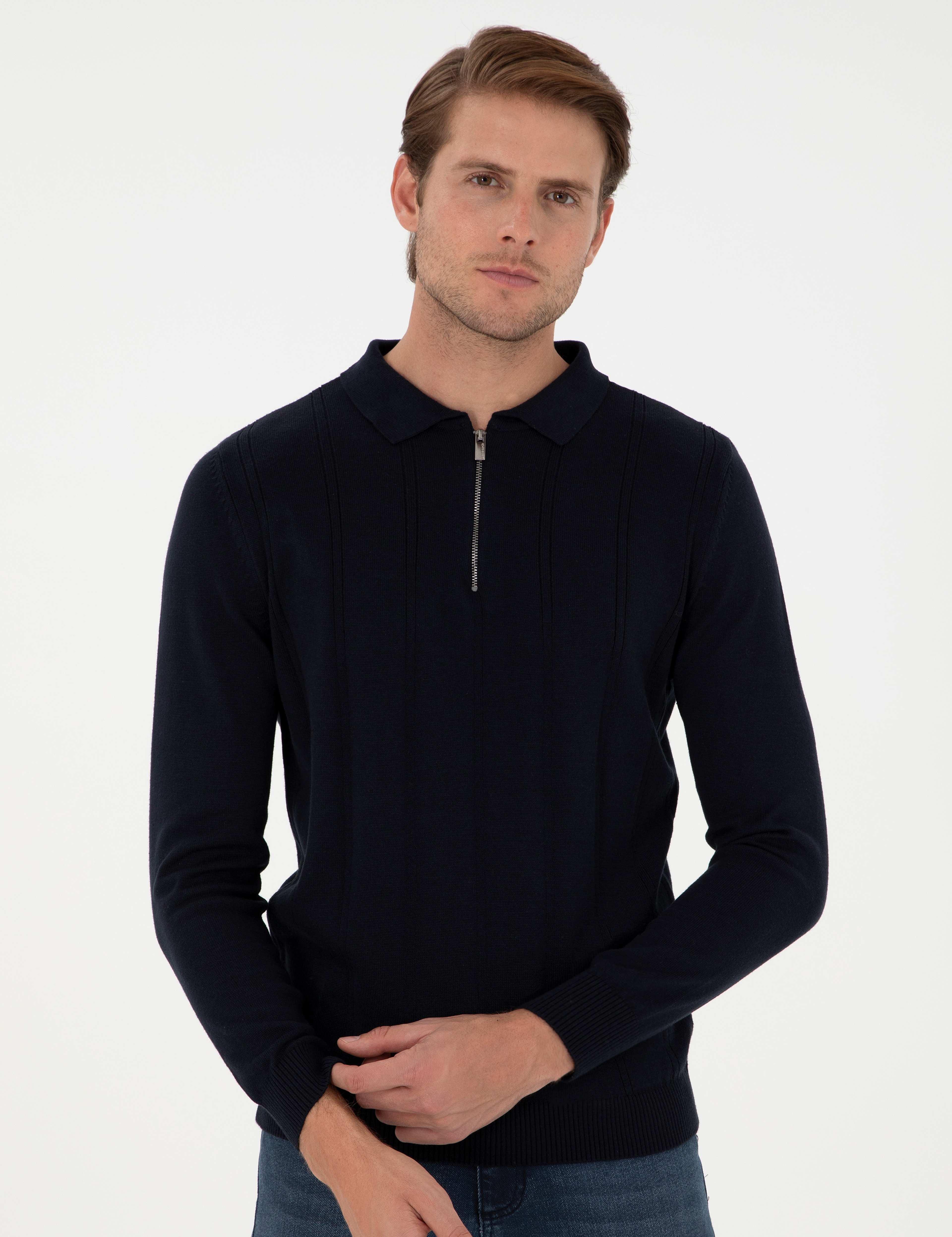 Lacivert Slim Fit Fermuarlı Polo Yaka Triko Kazak - Image 3