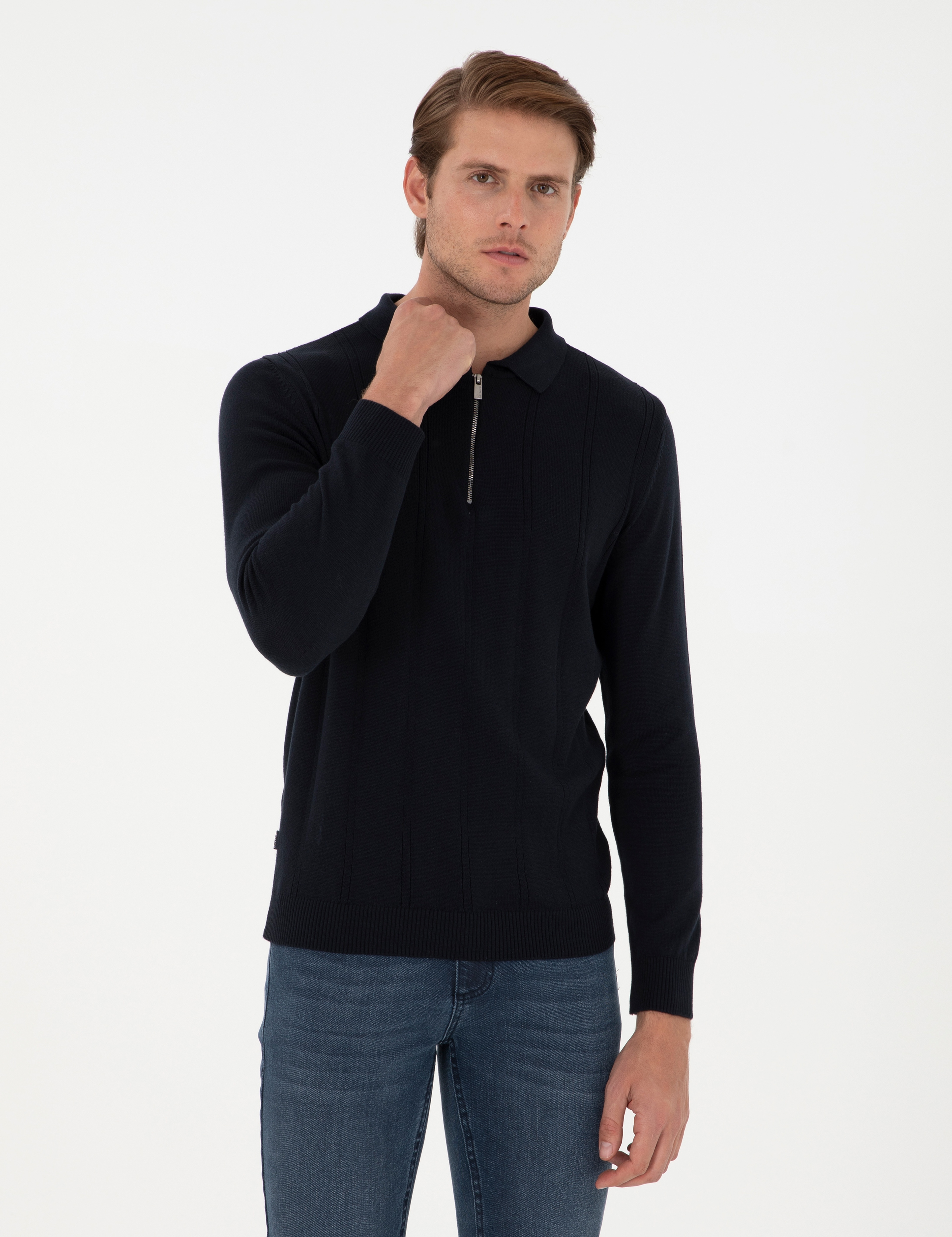 Lacivert Slim Fit Fermuarlı Polo Yaka Triko Kazak - Image 1