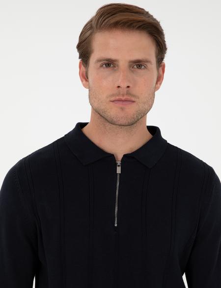 Lacivert Slim Fit Fermuarlı Polo Yaka Triko Kazak - 50300505019