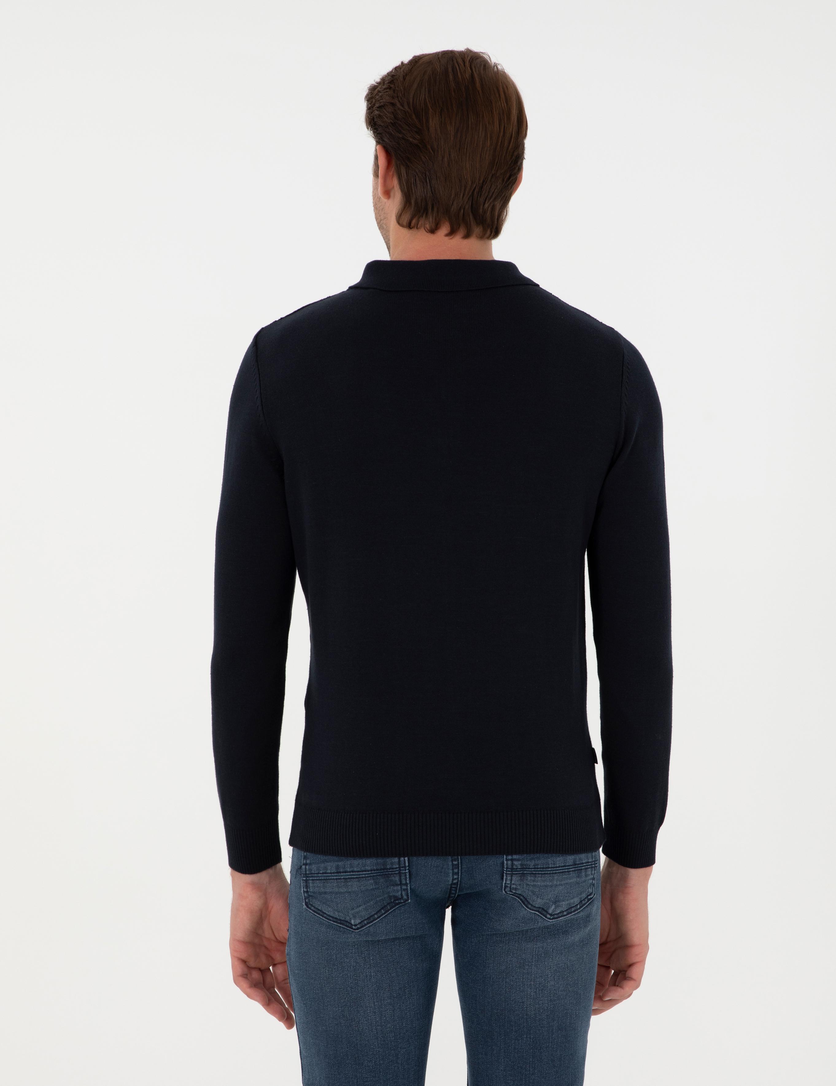 Lacivert Slim Fit Fermuarlı Polo Yaka Triko Kazak