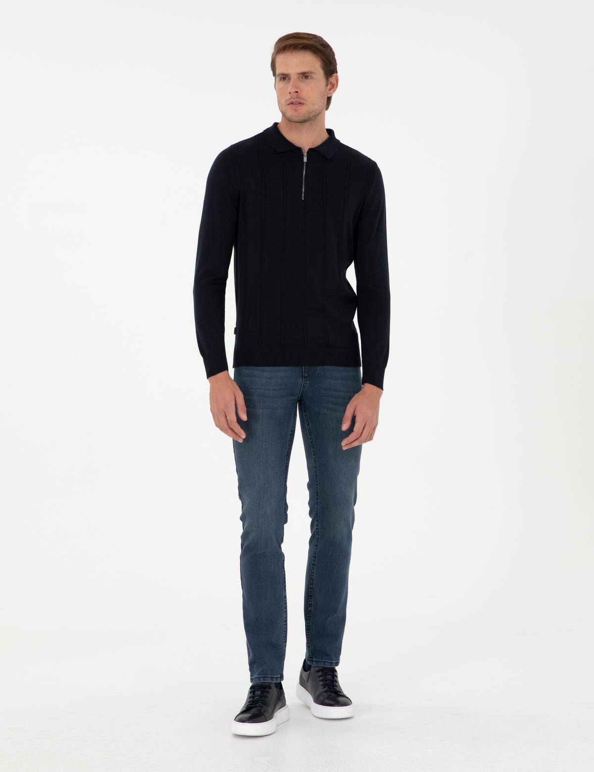 Lacivert Slim Fit Fermuarlı Polo Yaka Triko Kazak - 50300505019