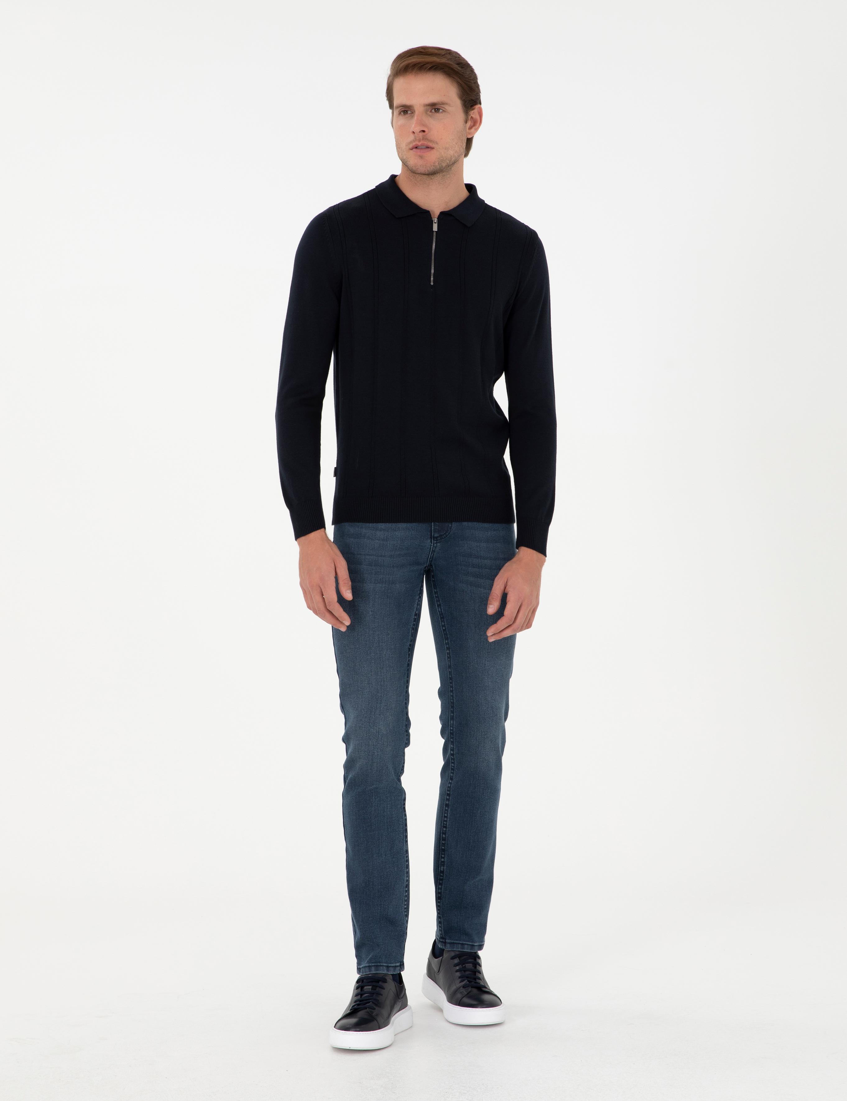 Lacivert Slim Fit Fermuarlı Polo Yaka Triko Kazak