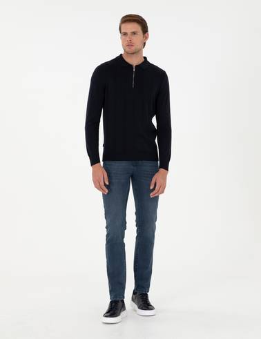 Lacivert Slim Fit Fermuarlı Polo Yaka Triko Kazak