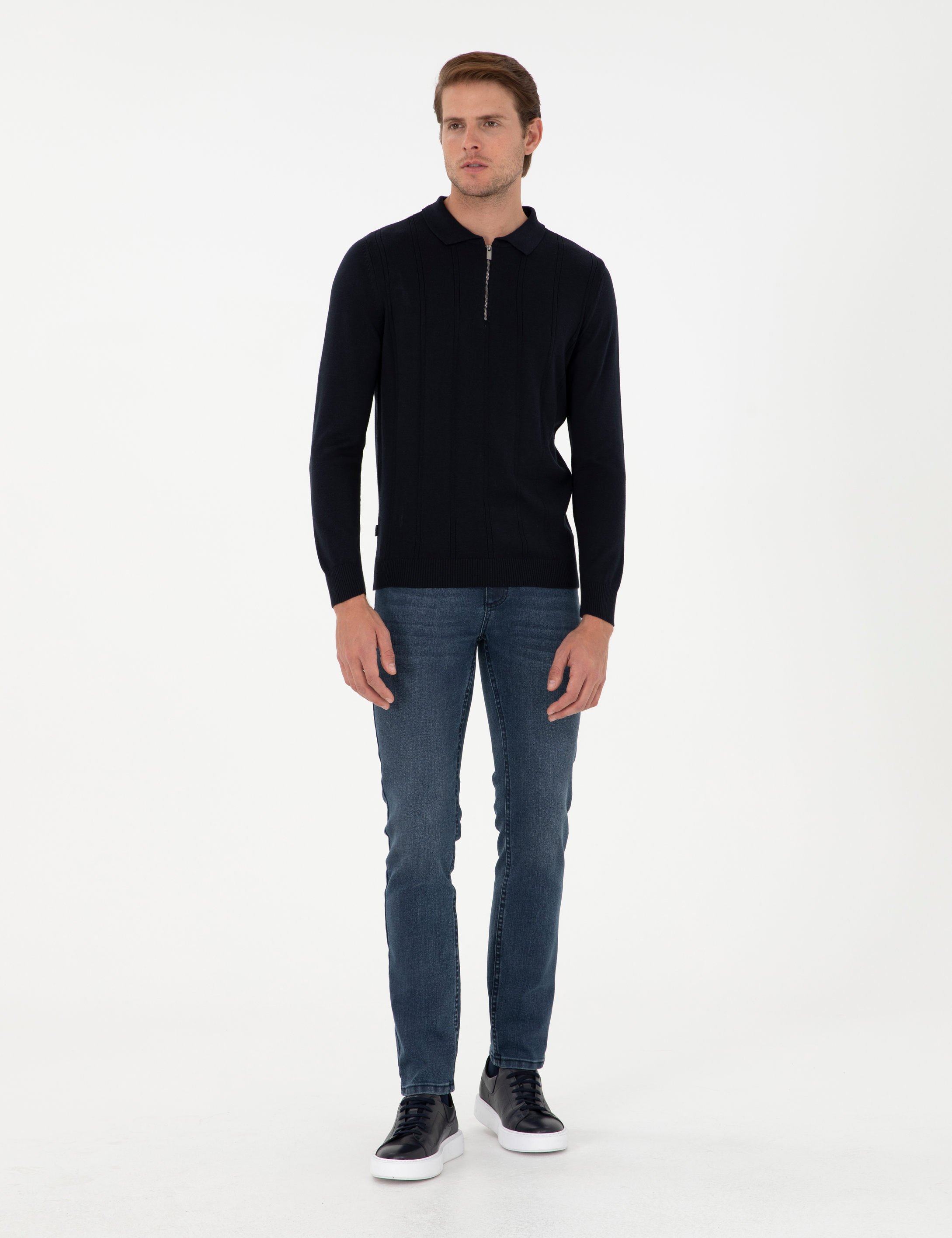 Lacivert Slim Fit Fermuarlı Polo Yaka Triko Kazak