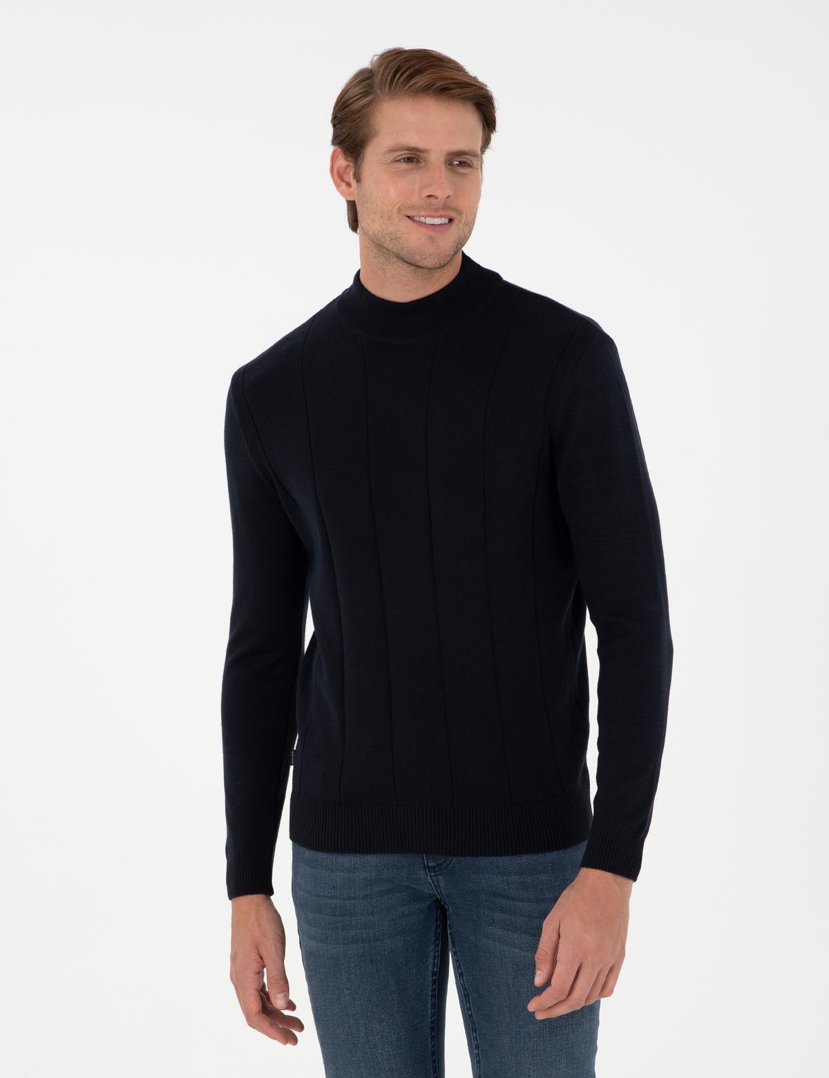 Lacivert Slim Fit Yarım Balıkçı Yaka Triko Kazak