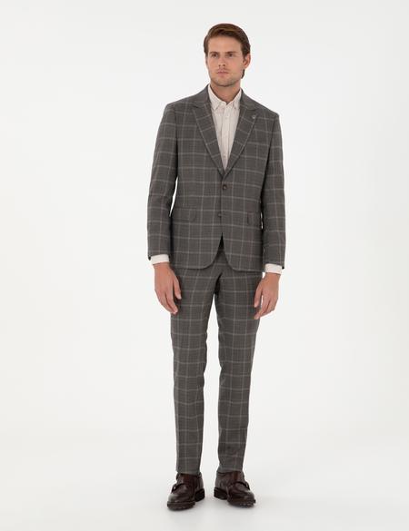 Kahverengi Slim Fit Ekose Yünlü Takım Elbise - 50291966044