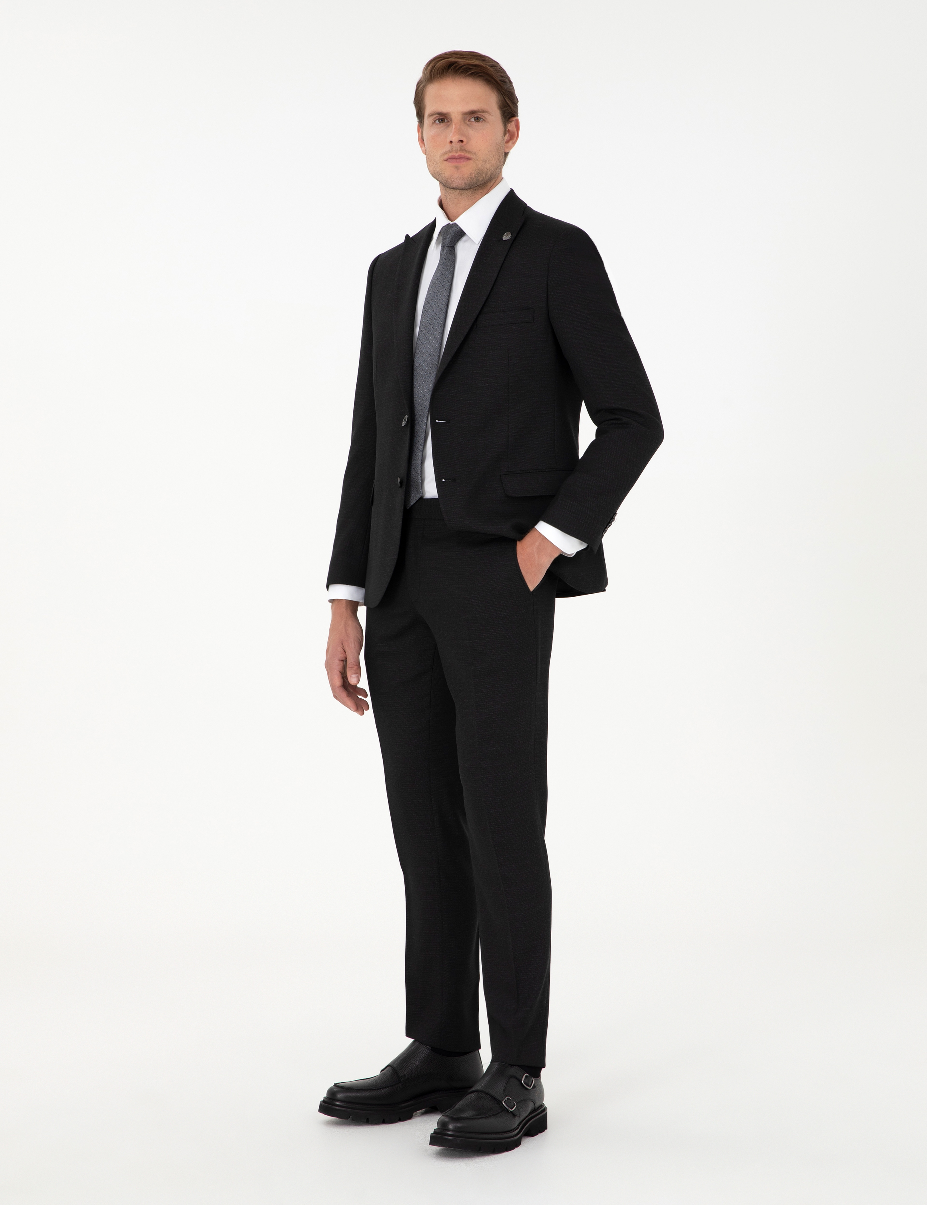 Siyah Extra Slim Fit Yünlü Takım Elbise - Image 4