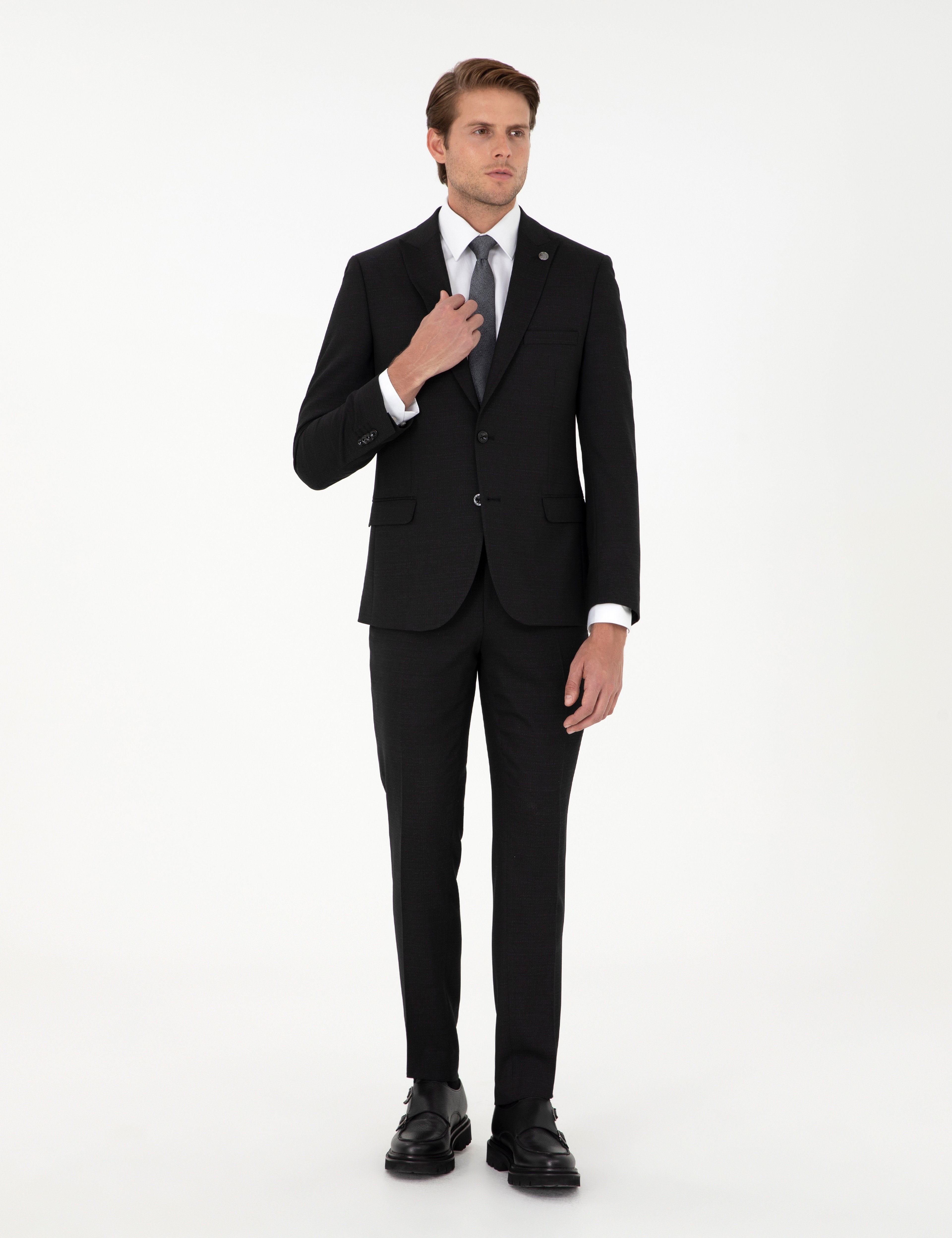 Siyah Extra Slim Fit Yünlü Takım Elbise - Image 1