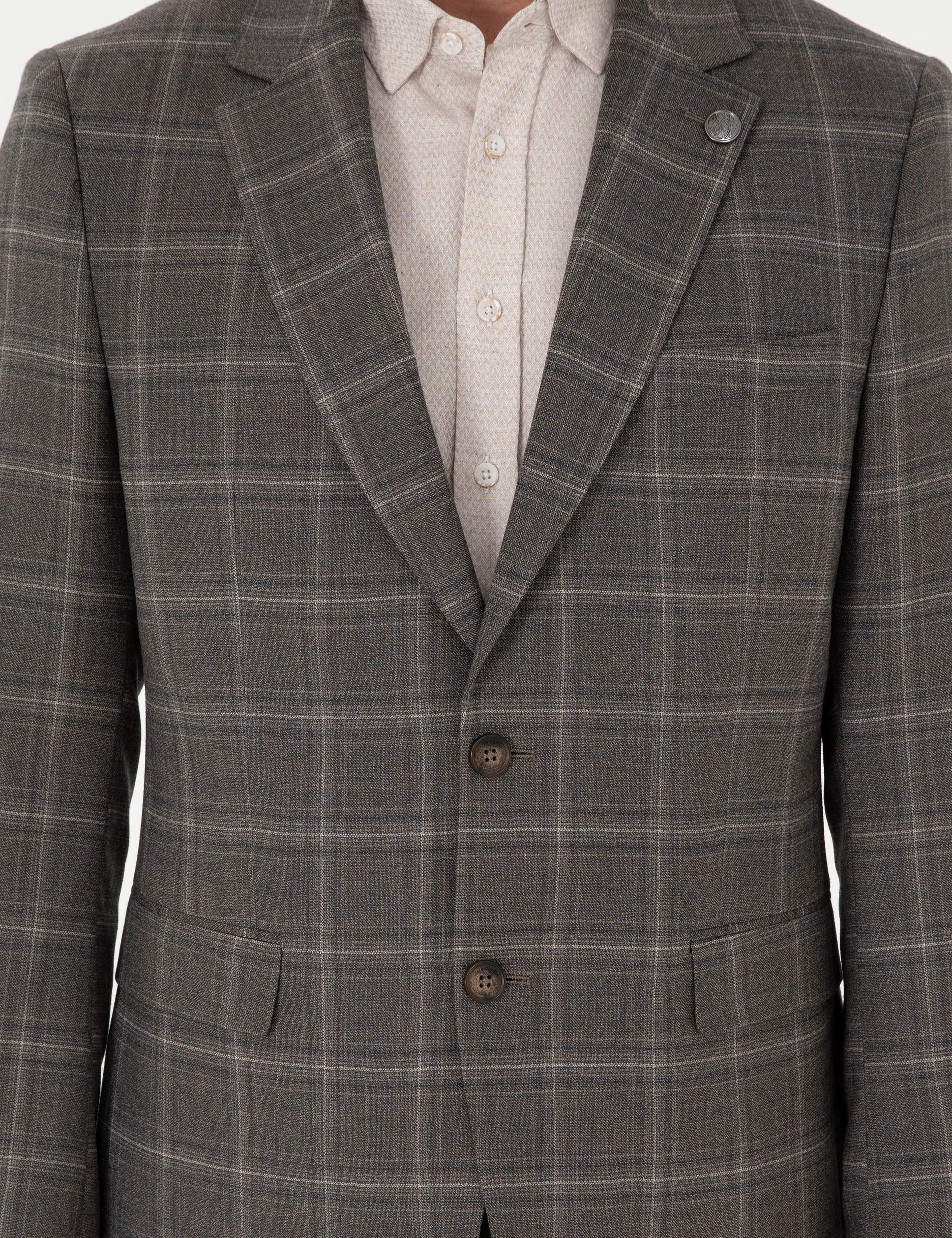 Kahverengi Slim Fit Ekose Yünlü Takım Elbise - Image 7