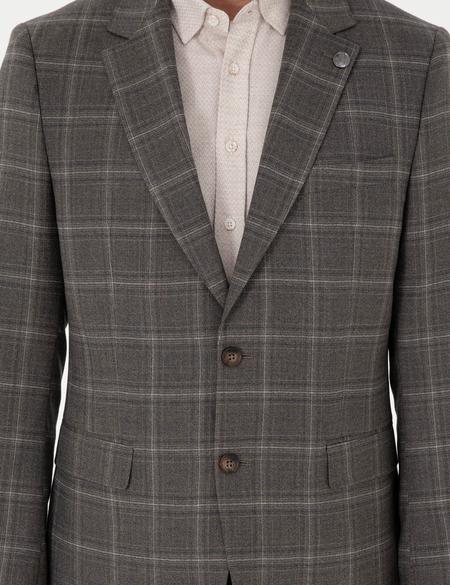 Kahverengi Slim Fit Ekose Yünlü Takım Elbise - 50291966044