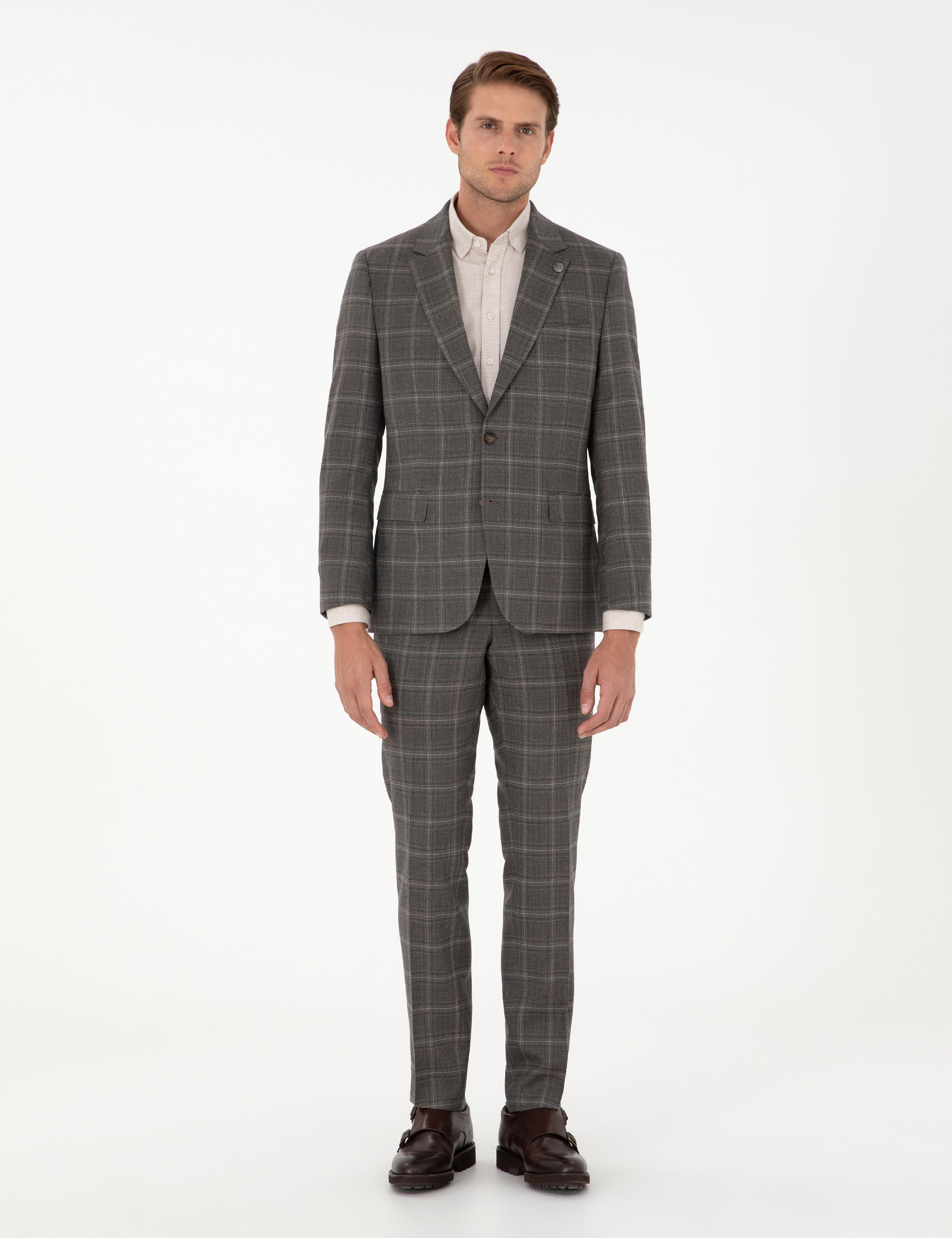 Kahverengi Slim Fit Ekose Yünlü Takım Elbise