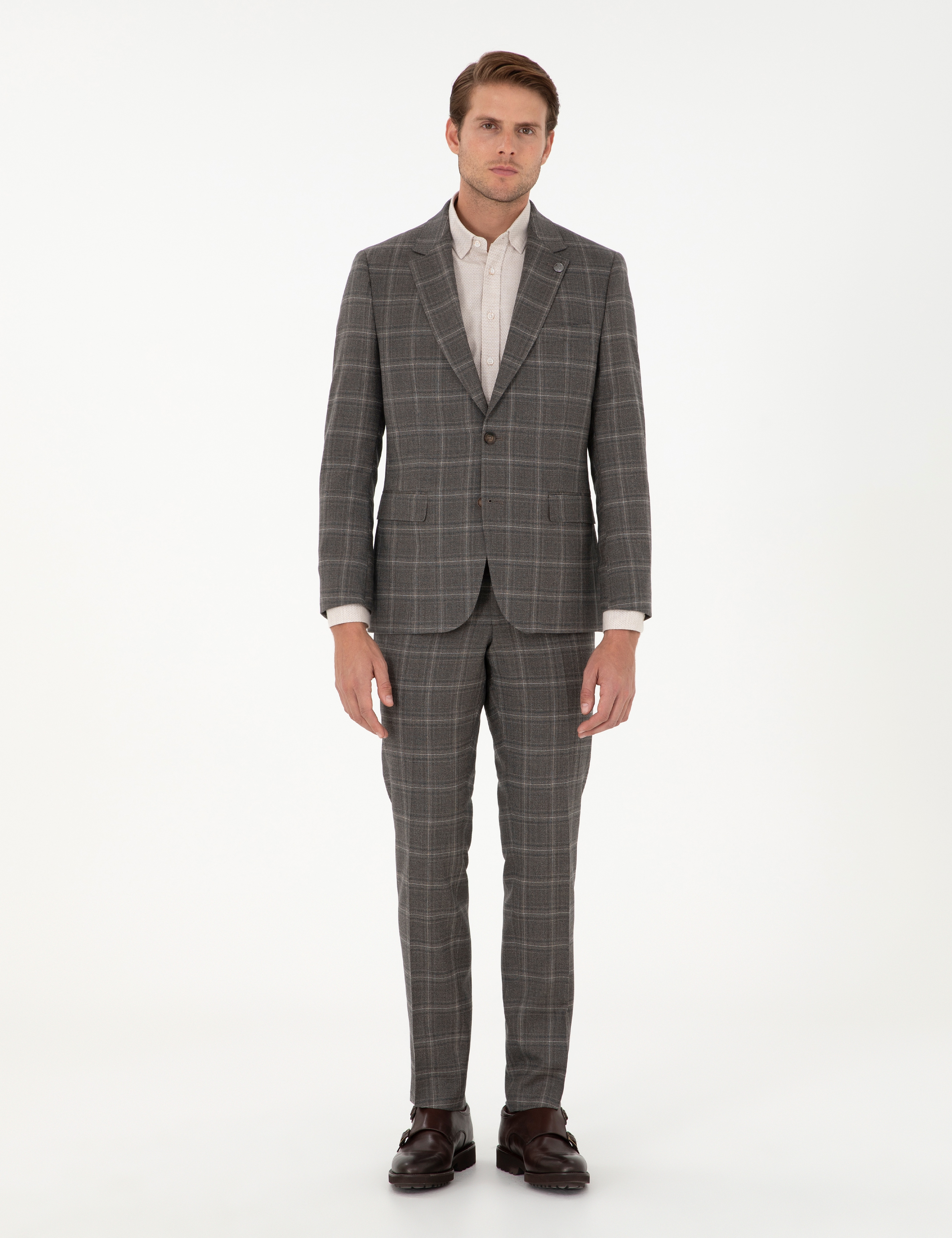 Kahverengi Slim Fit Ekose Yünlü Takım Elbise - Image 4