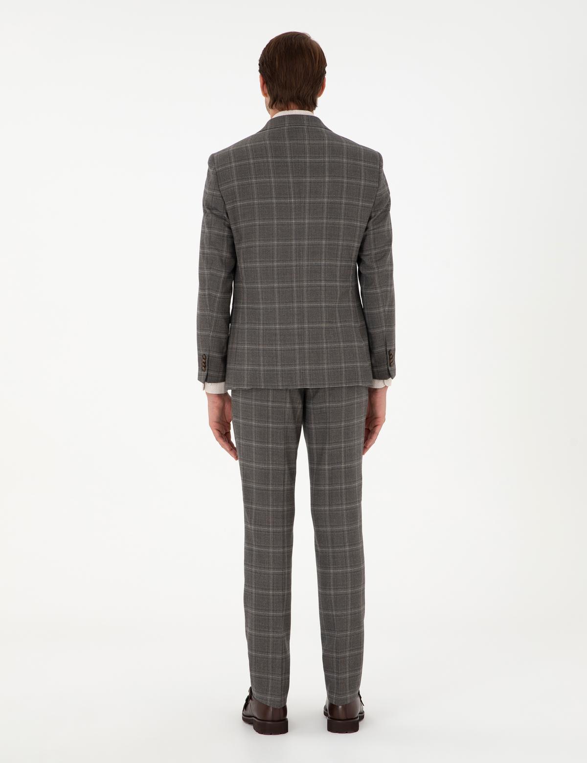 Kahverengi Slim Fit Ekose Yünlü Takım Elbise - 50291966044