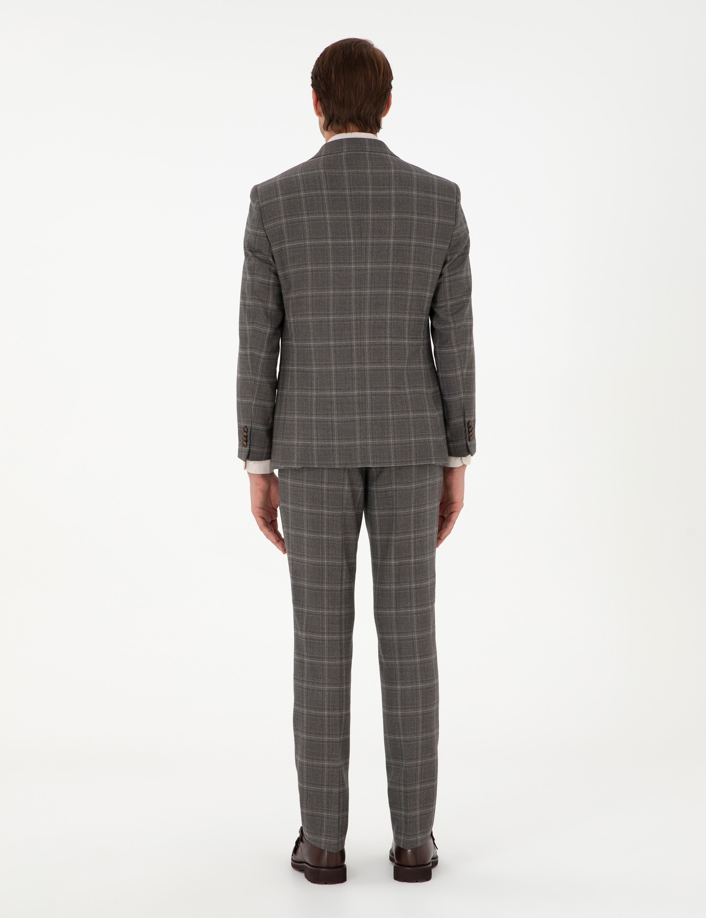 Kahverengi Slim Fit Ekose Yünlü Takım Elbise